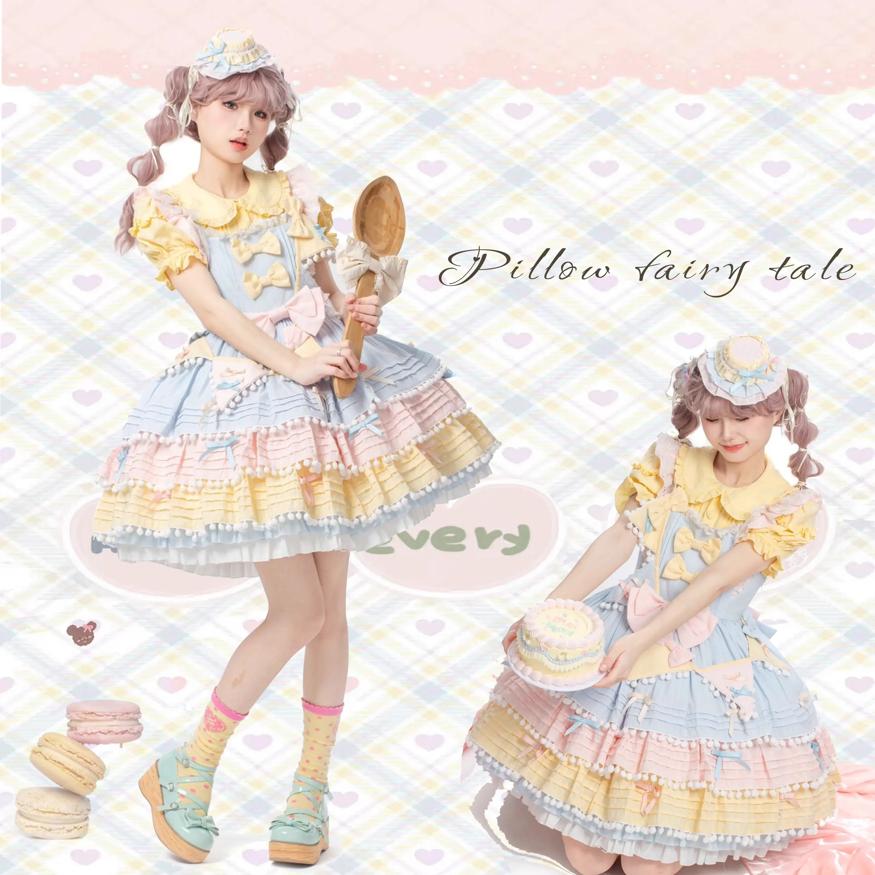 Chubby Cat Diary - Sweetheart Macarons - Sweet Lolita JSK Dress, Pom-pom Accents - Image 12
