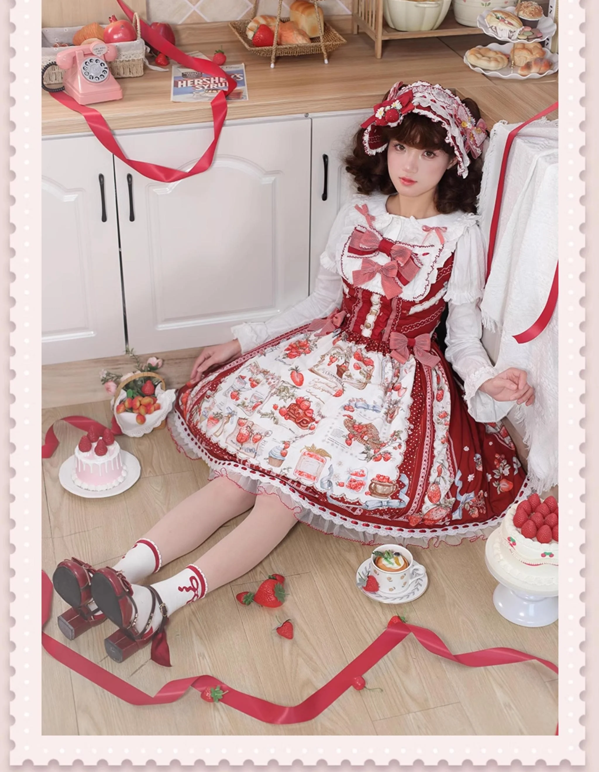 Strawberry Manor - Sweet Lolita JSK Dress, Strawberry Print - Image 11
