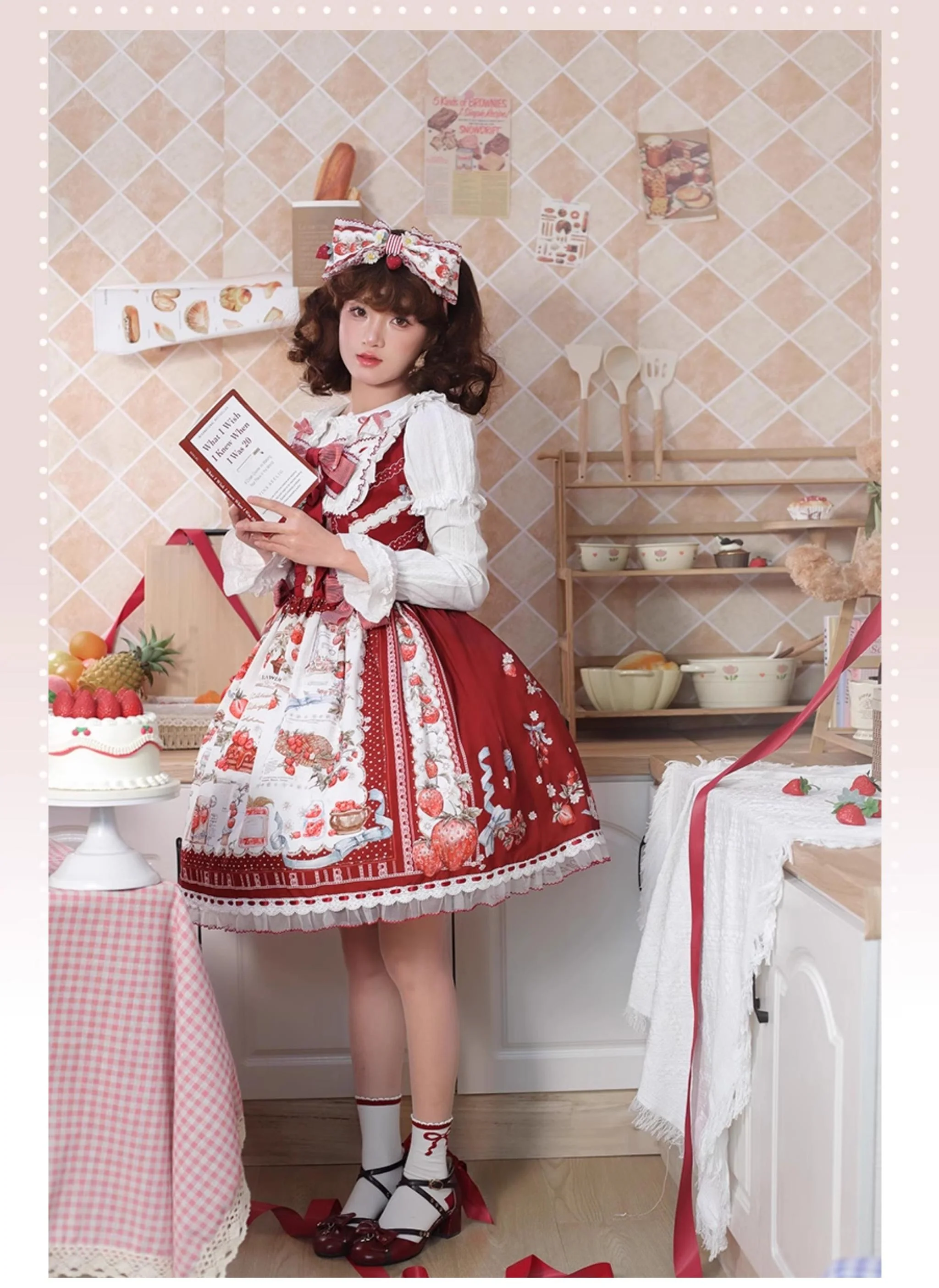 Strawberry Manor - Sweet Lolita JSK Dress, Strawberry Print - Image 12