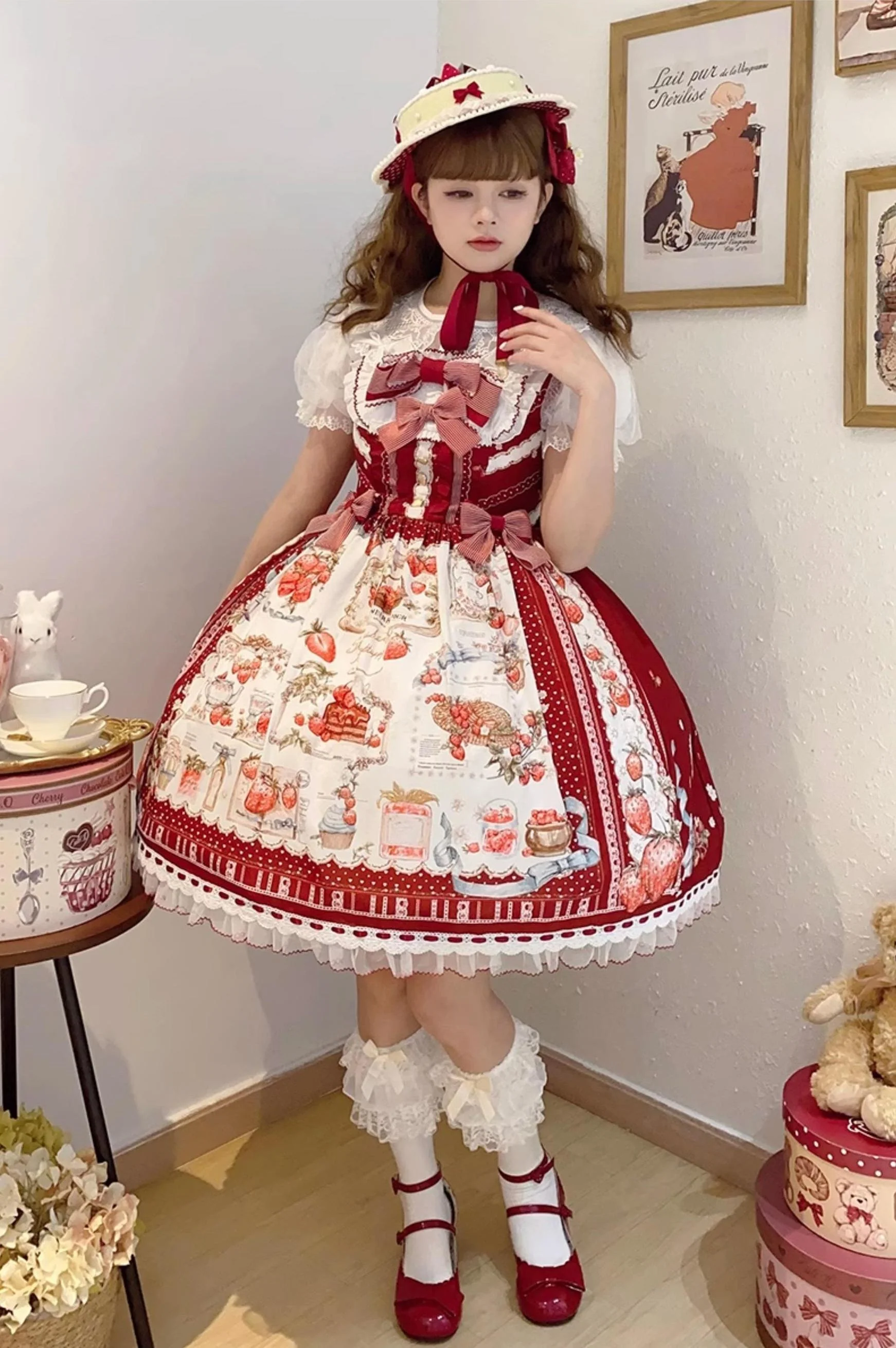 Strawberry Manor - Sweet Lolita JSK Dress, Strawberry Print - Image 4