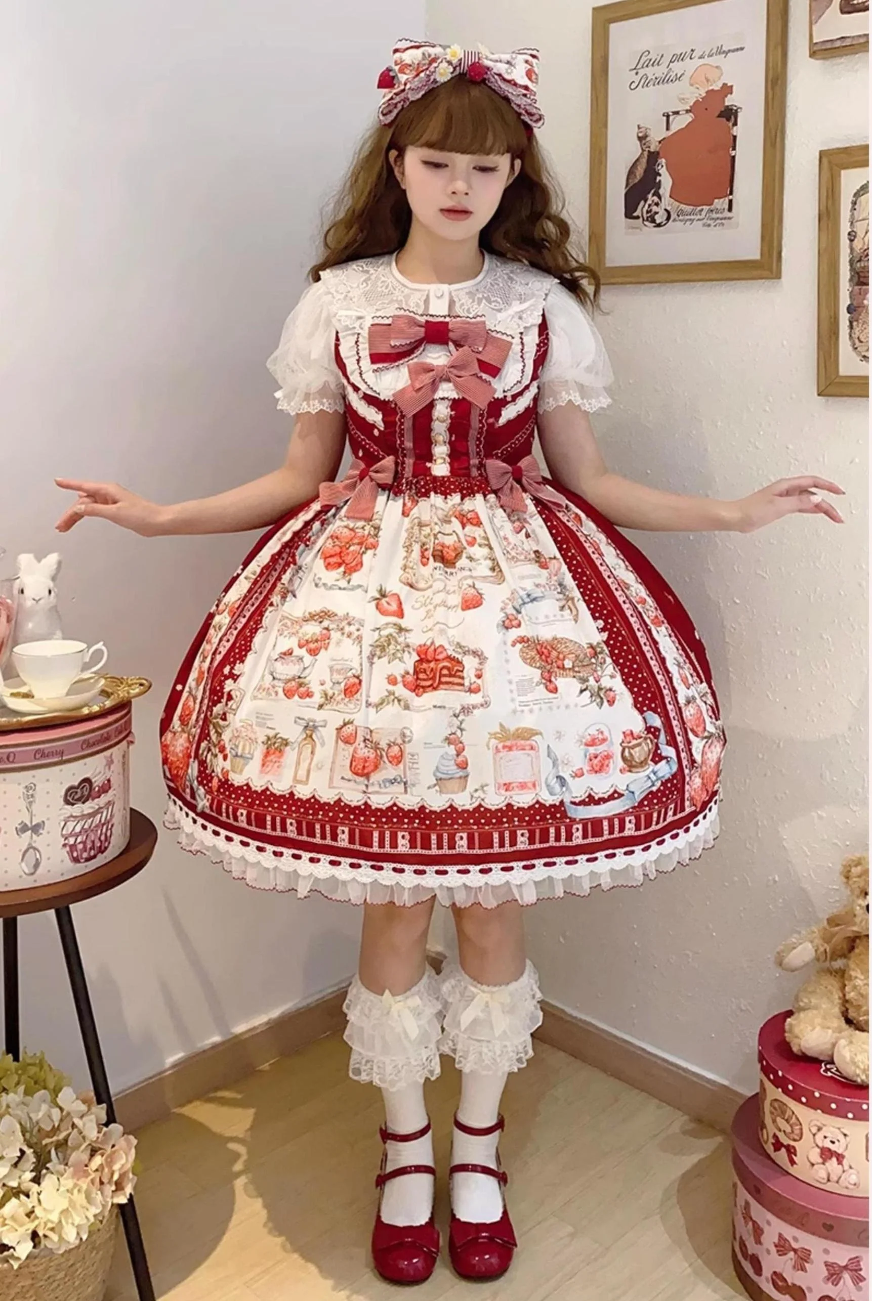 Strawberry Manor - Sweet Lolita JSK Dress, Strawberry Print - Image 6