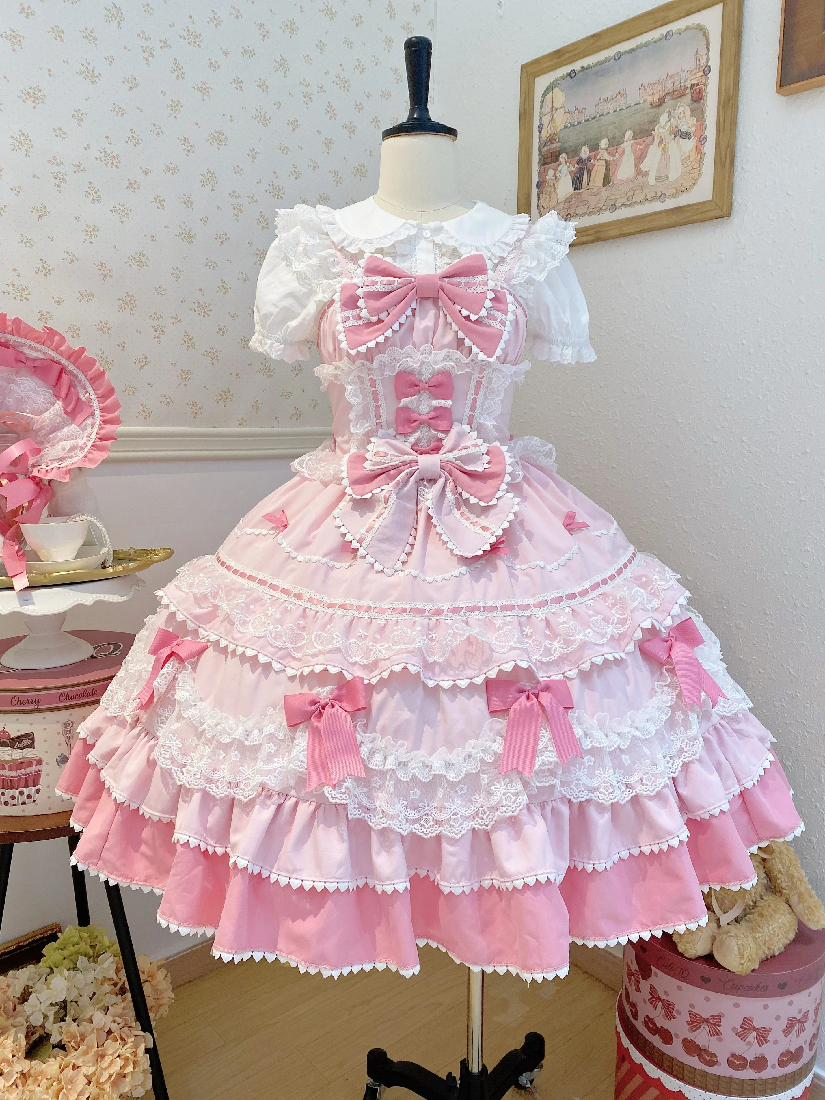 Fondant Cake - Summer Sweet Lolita JSK Dress, Tiered Ruffles and Bows - Image 16