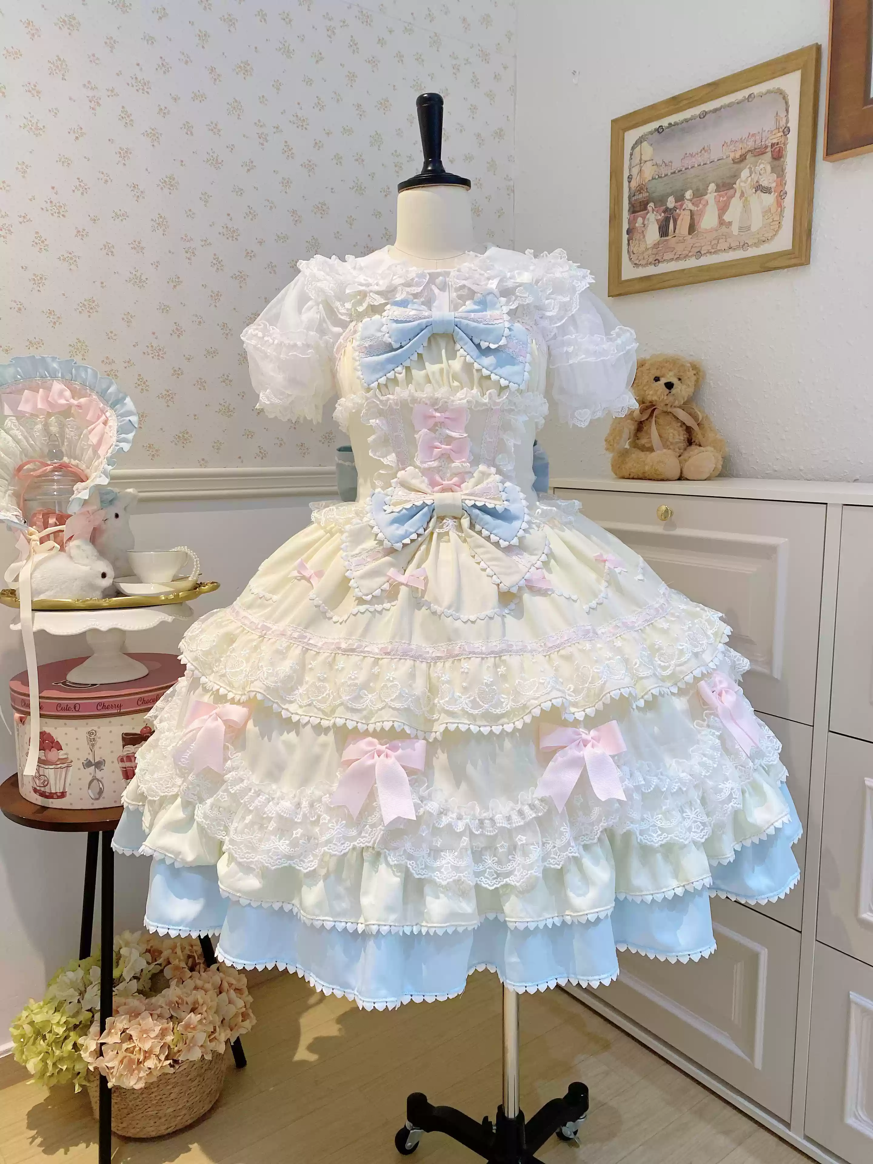 Fondant Cake - Summer Sweet Lolita JSK Dress, Tiered Ruffles and Bows - Image 26