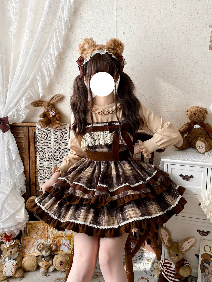 Qianmu - Caramel Cocoa - Sweet Lolita JSK Plaid Design Autumn and Winter Dress