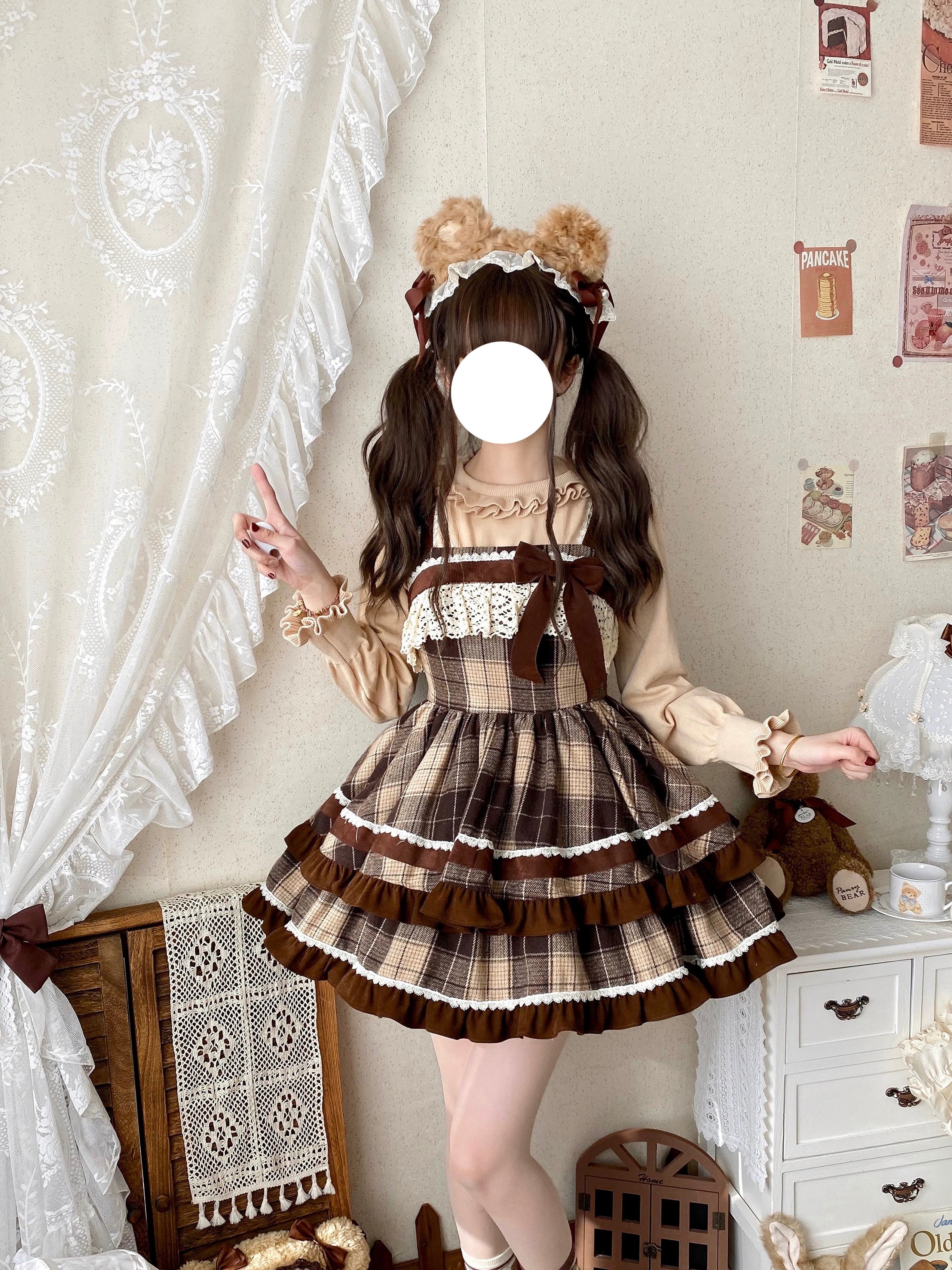 Qianmu - Caramel Cocoa - Sweet Lolita JSK Plaid Design Autumn and Winter Dress - Image 2