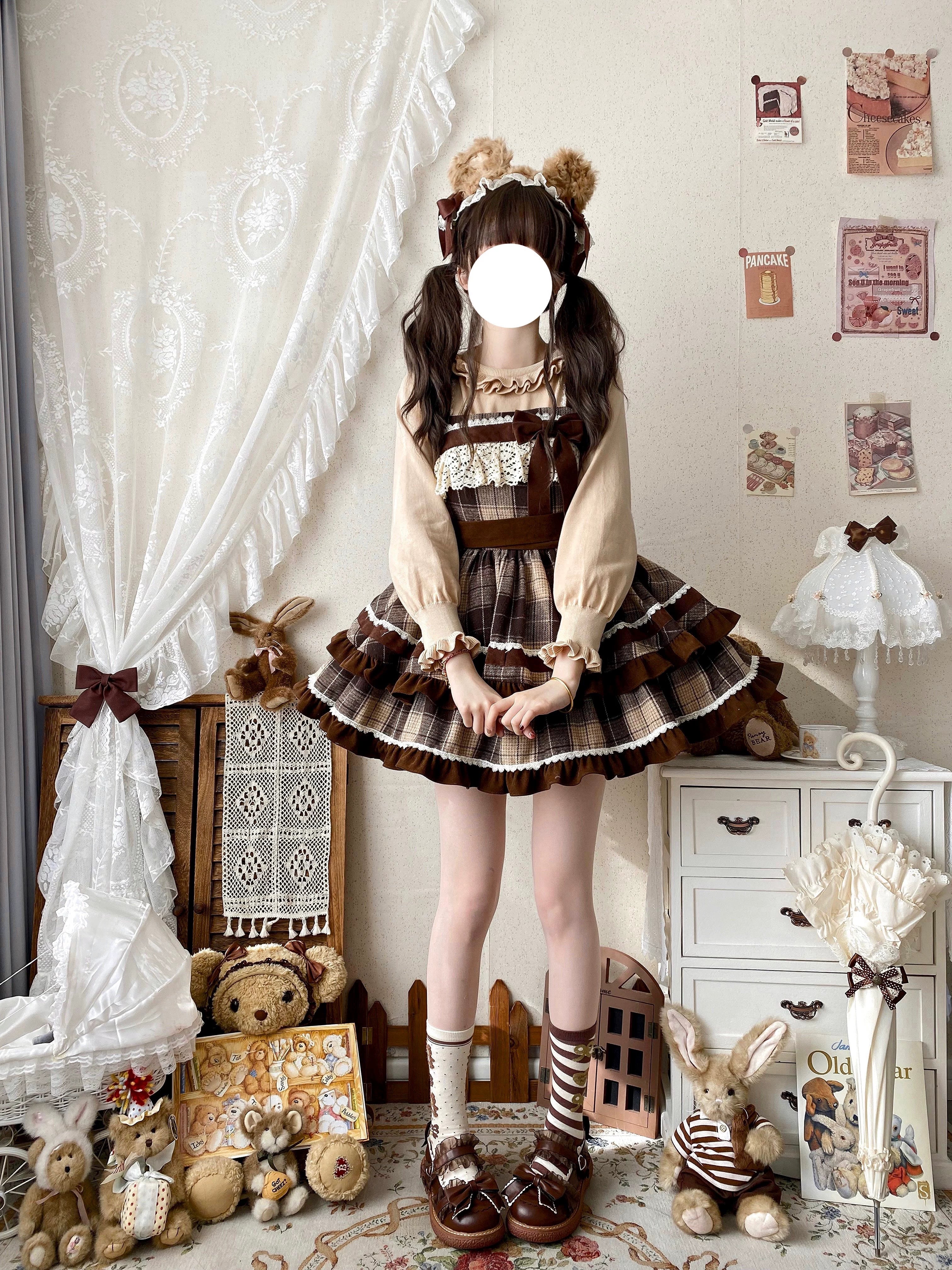 Qianmu - Caramel Cocoa - Sweet Lolita JSK Plaid Design Autumn and Winter Dress - Image 4