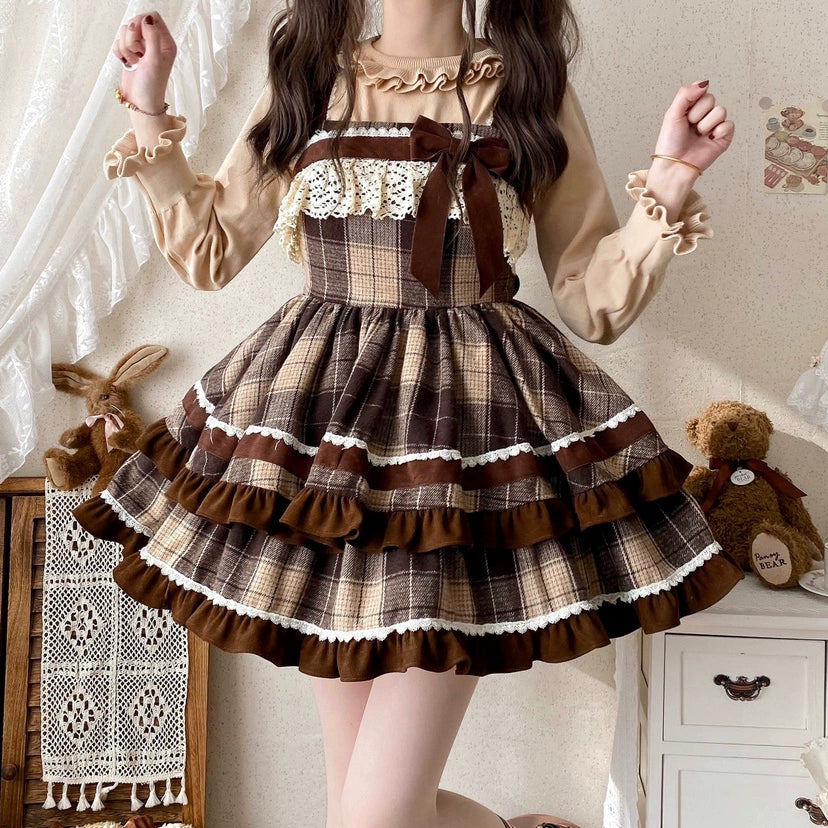 Qianmu - Caramel Cocoa - Sweet Lolita JSK Plaid Design Autumn and Winter Dress - Image 5