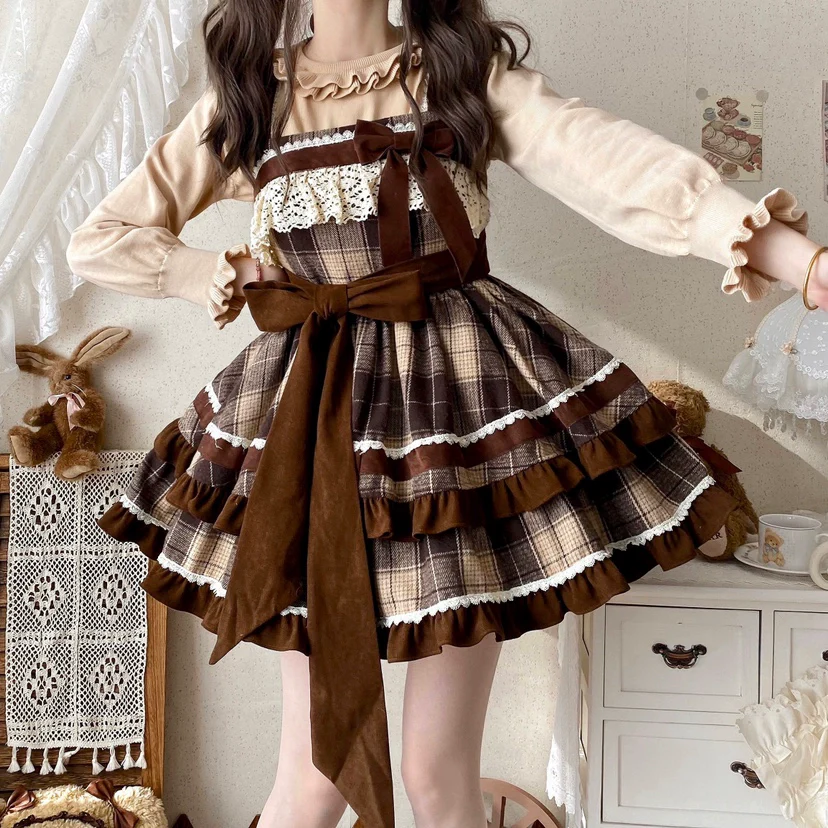 Qianmu - Caramel Cocoa - Sweet Lolita JSK Plaid Design Autumn and Winter Dress - Image 6