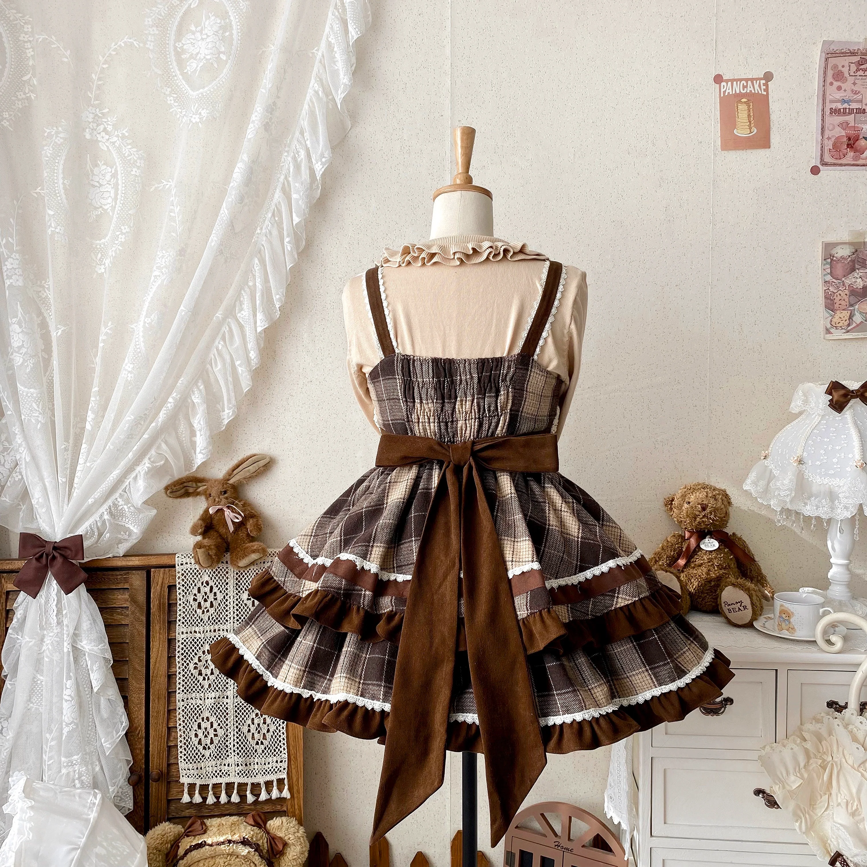 Qianmu - Caramel Cocoa - Sweet Lolita JSK Plaid Design Autumn and Winter Dress - Image 9
