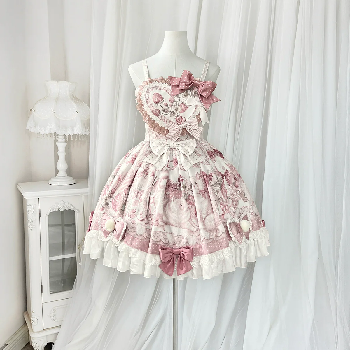 Matutu - Dessert Catlets - Sweet Lolita JSK, Strawberry And Cat Prints - Image 3
