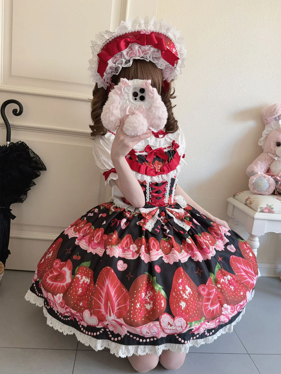 Hanguliang - Strawberry Tale - Sweet Lolita JSK Strawberry Printed Dress - Image 3