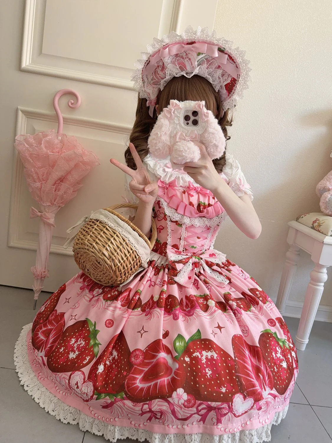 Hanguliang - Strawberry Tale - Sweet Lolita JSK Strawberry Printed Dress - Image 4