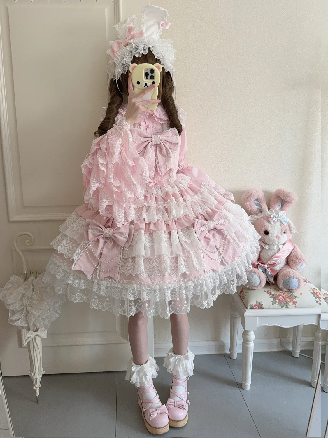 Hanguliang - Cross Heart Knot - Sweet Lolita JSK Suit Tiered Ruffles Dress with Lace Blouse - Image 10