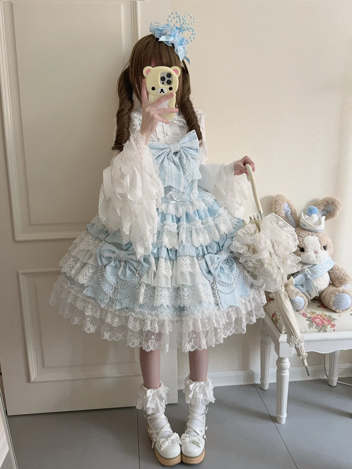 Hanguliang - Cross Heart Knot - Sweet Lolita JSK Suit Tiered Ruffles Dress with Lace Blouse - Image 12