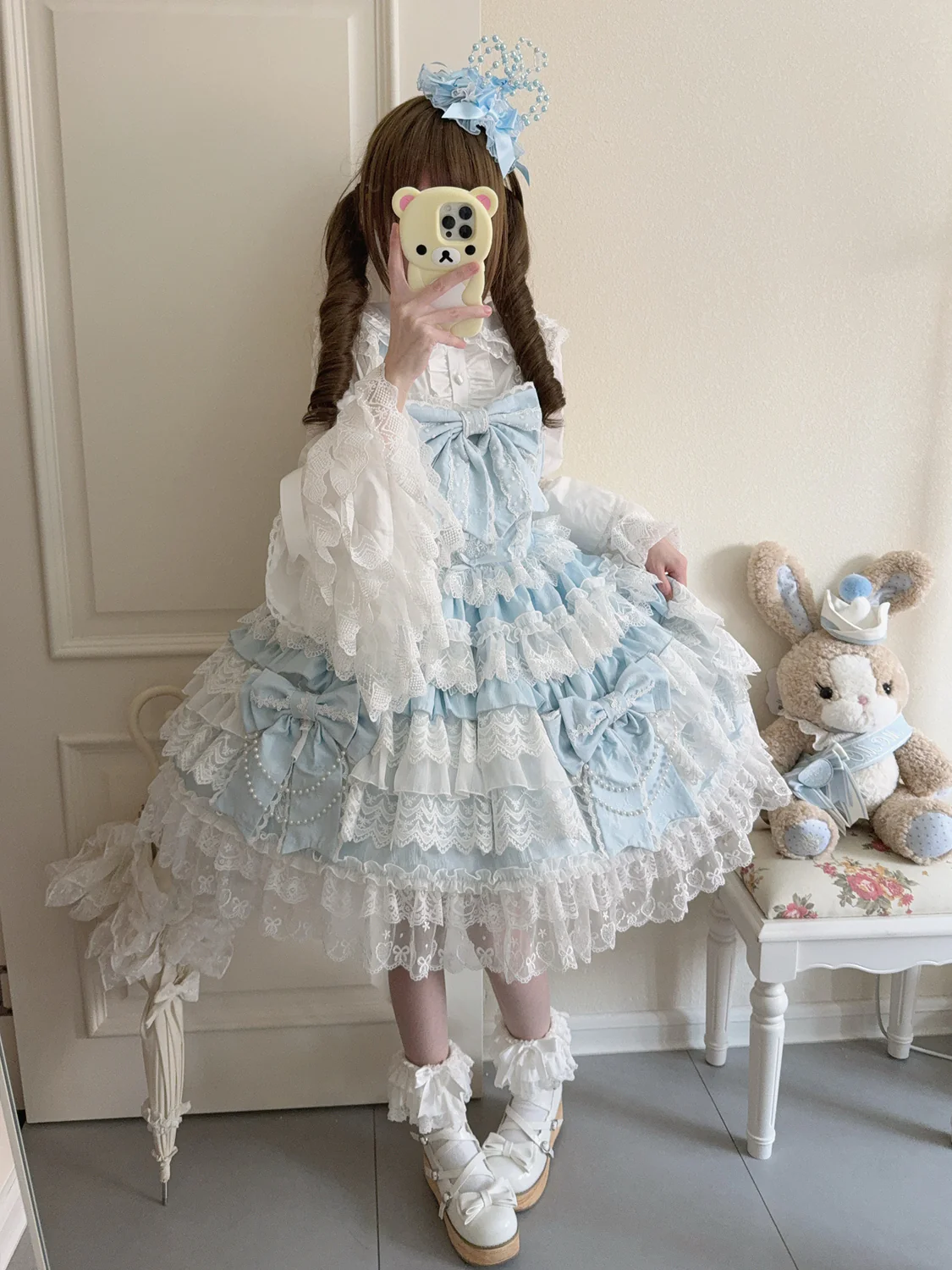 Hanguliang - Cross Heart Knot - Sweet Lolita JSK Suit Tiered Ruffles Dress with Lace Blouse - Image 13