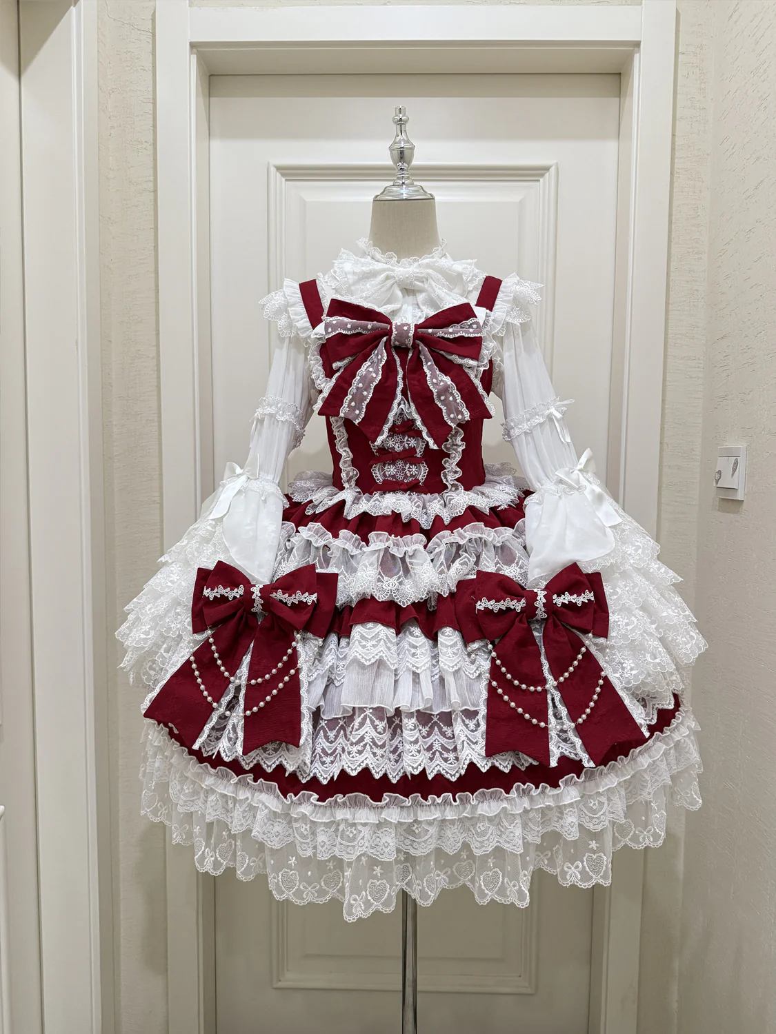 Hanguliang - Cross Heart Knot - Sweet Lolita JSK Suit Tiered Ruffles Dress with Lace Blouse - Image 17