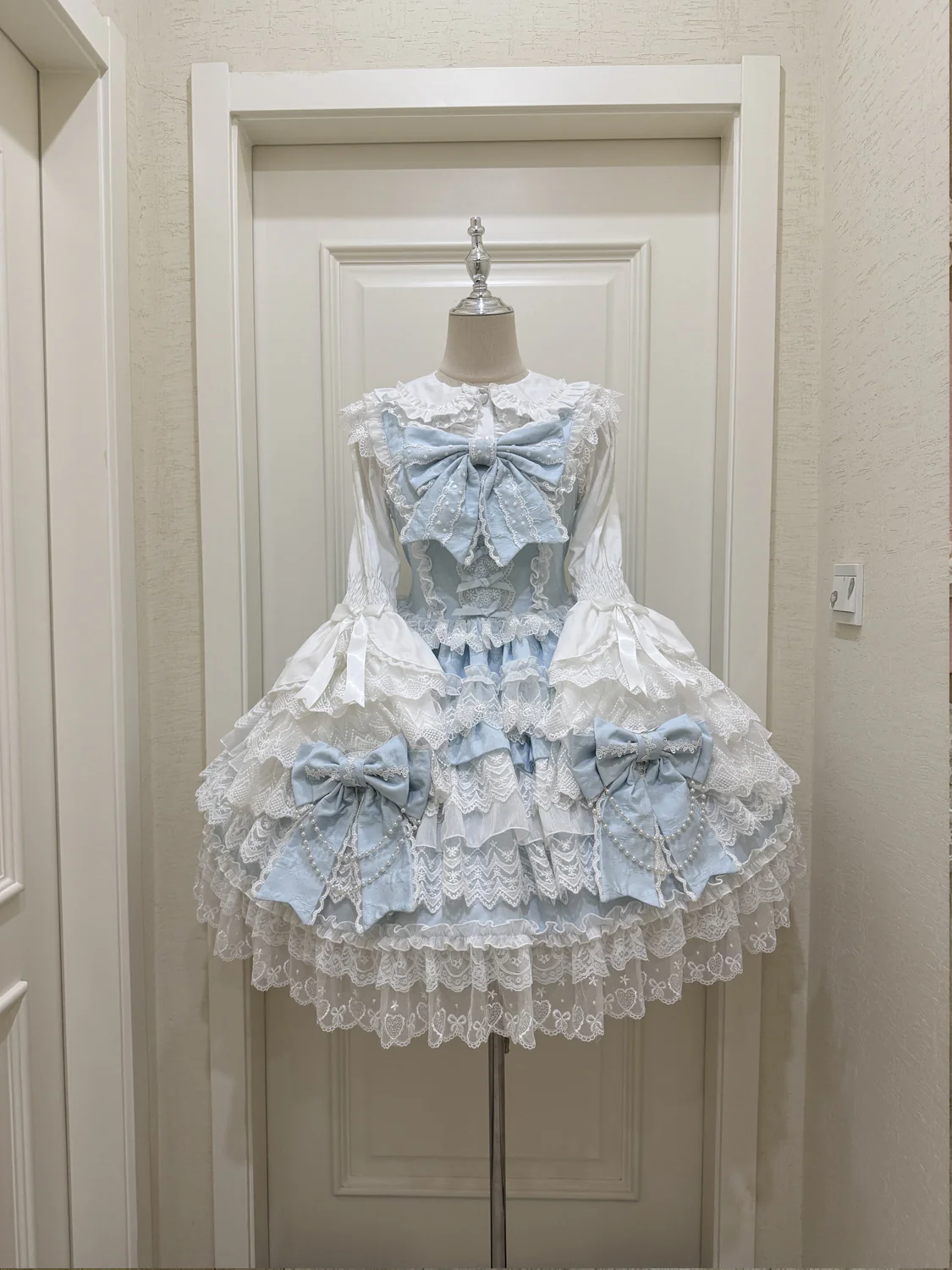 Hanguliang - Cross Heart Knot - Sweet Lolita JSK Suit Tiered Ruffles Dress with Lace Blouse - Image 20
