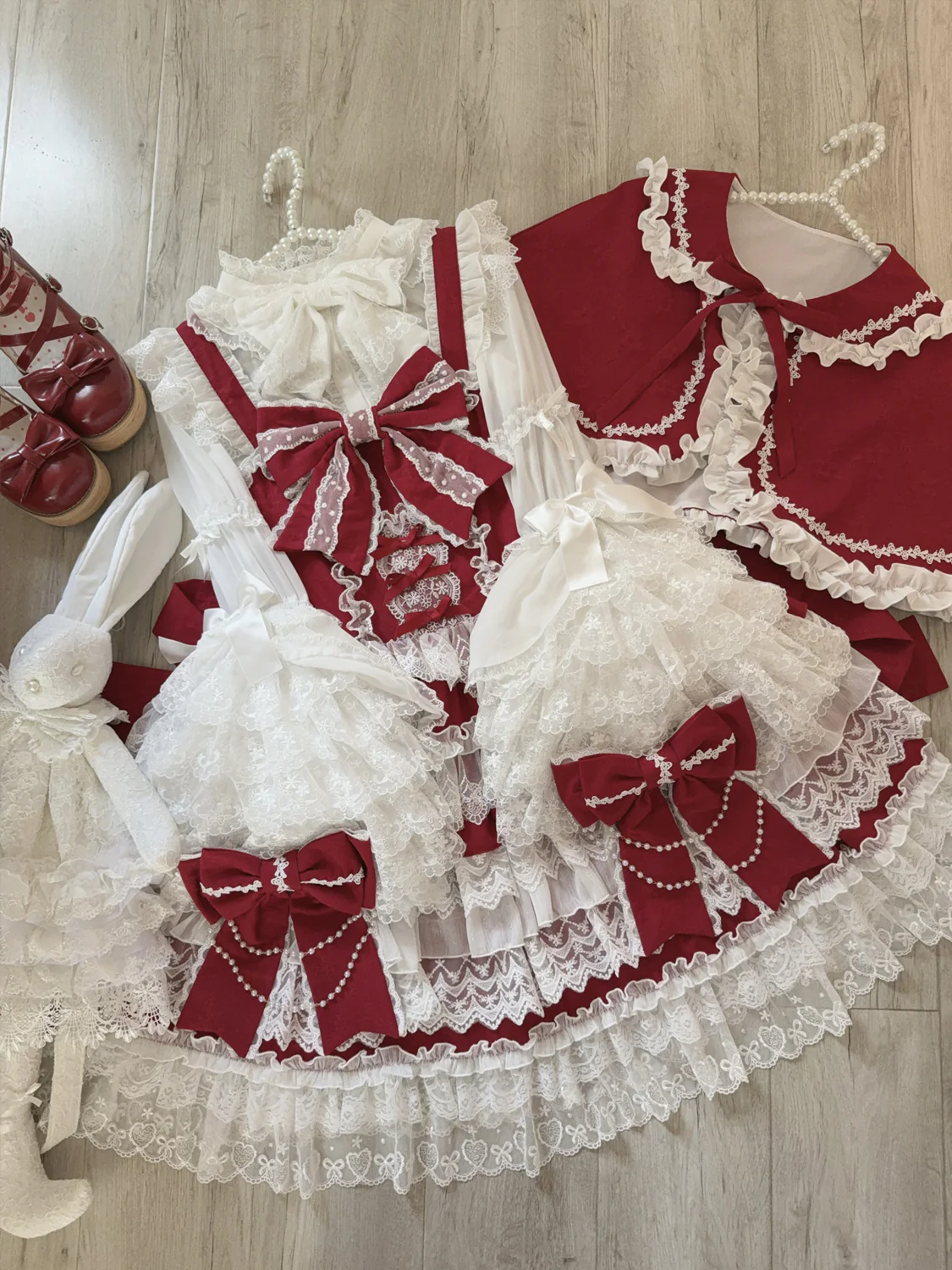 Hanguliang - Cross Heart Knot - Sweet Lolita JSK Suit Tiered Ruffles Dress with Lace Blouse - Image 22