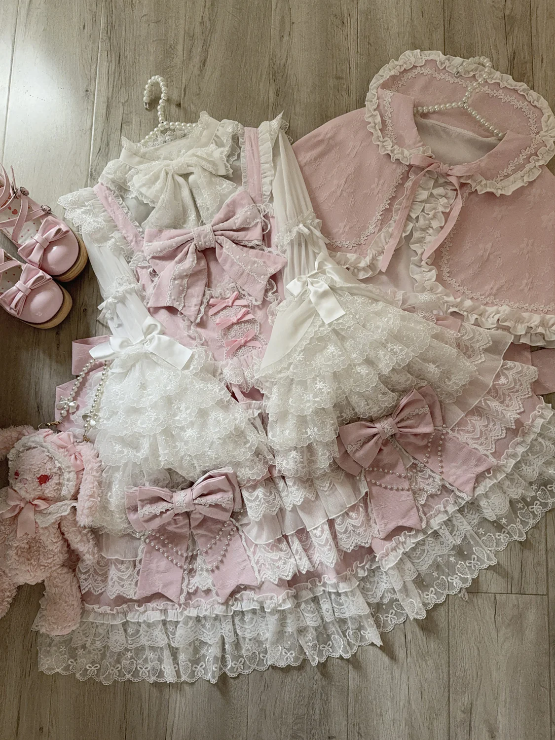 Hanguliang - Cross Heart Knot - Sweet Lolita JSK Suit Tiered Ruffles Dress with Lace Blouse - Image 23