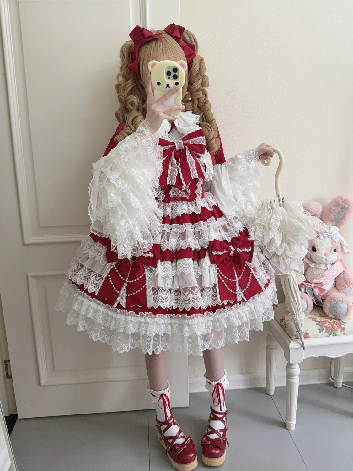 Hanguliang - Cross Heart Knot - Sweet Lolita JSK Suit Tiered Ruffles Dress with Lace Blouse - Image 3