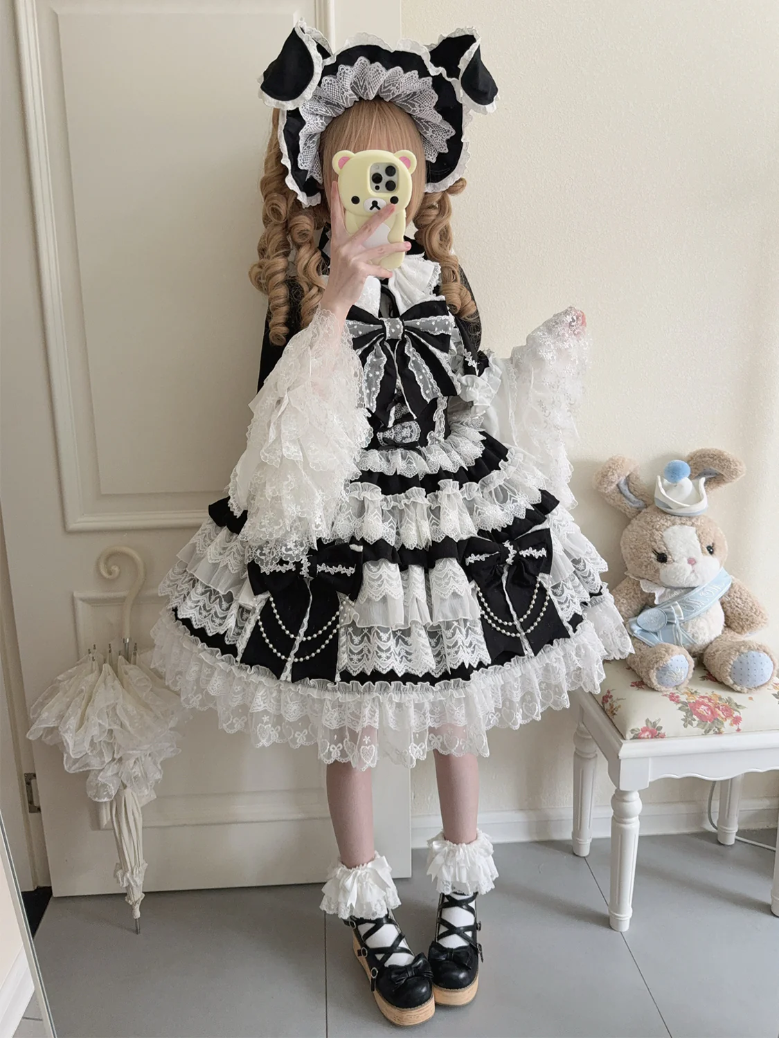 Hanguliang - Cross Heart Knot - Sweet Lolita JSK Suit Tiered Ruffles Dress with Lace Blouse - Image 4