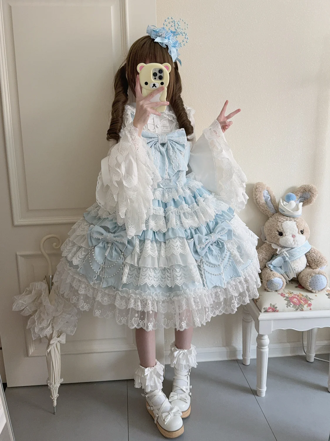 Hanguliang - Cross Heart Knot - Sweet Lolita JSK Suit Tiered Ruffles Dress with Lace Blouse - Image 5