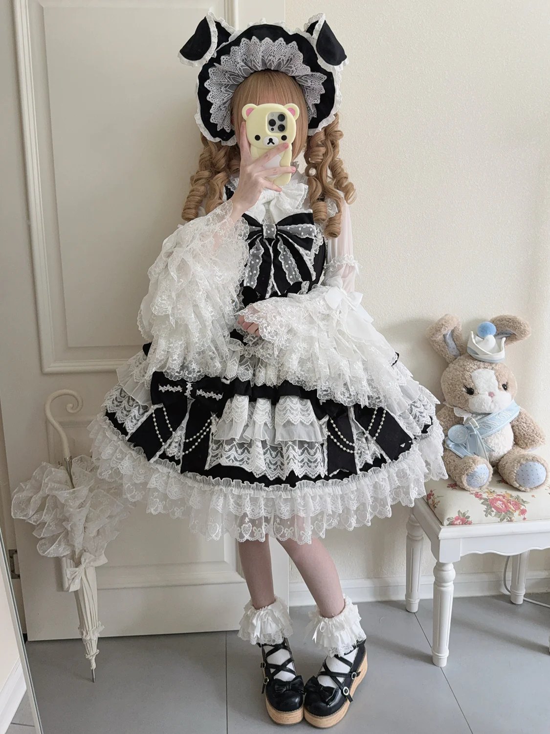 Hanguliang - Cross Heart Knot - Sweet Lolita JSK Suit Tiered Ruffles Dress with Lace Blouse - Image 7