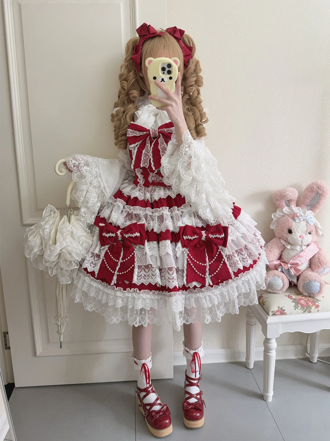 Hanguliang - Cross Heart Knot - Sweet Lolita JSK Suit Tiered Ruffles Dress with Lace Blouse - Image 8