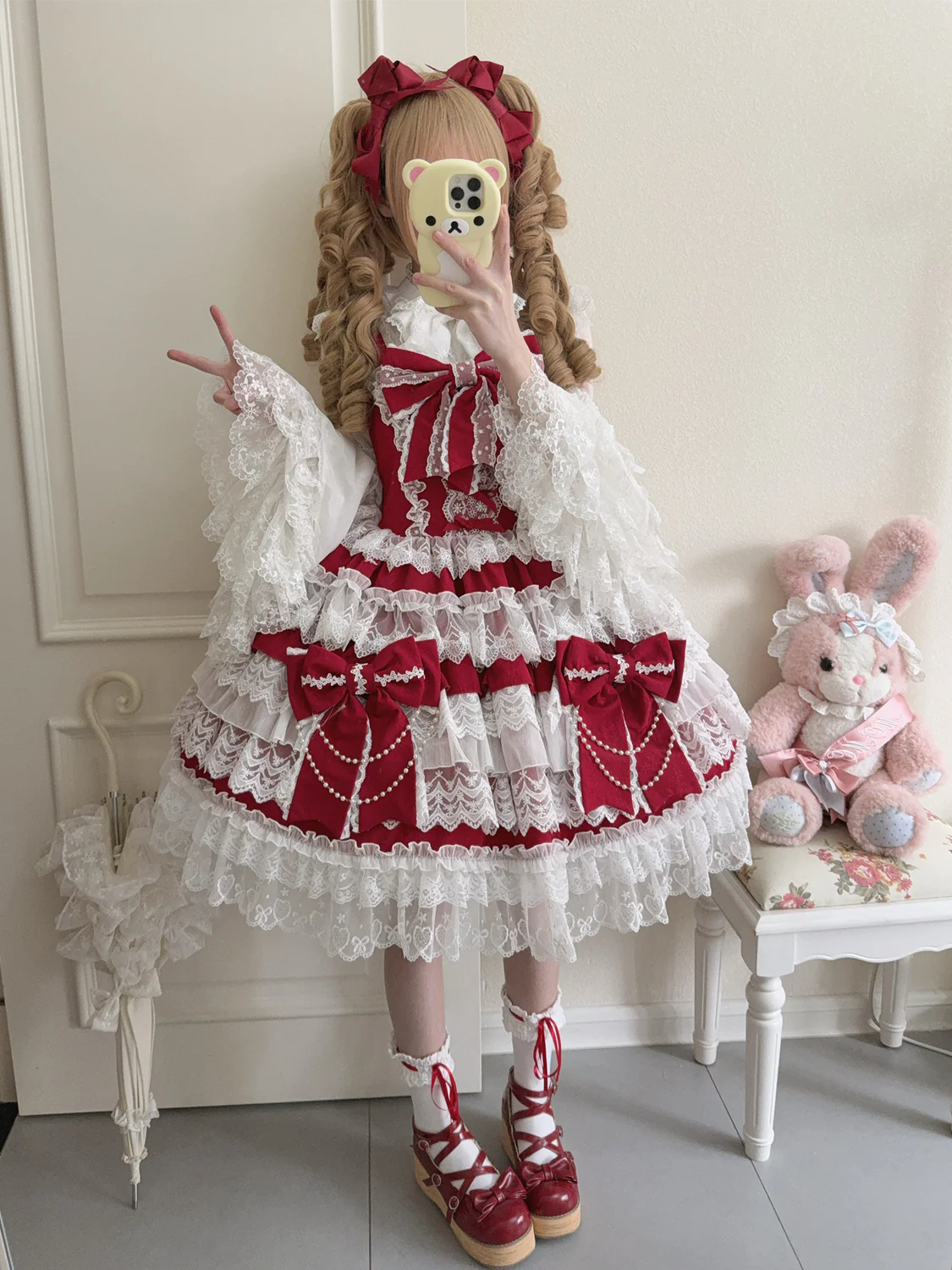 Hanguliang - Cross Heart Knot - Sweet Lolita JSK Suit Tiered Ruffles Dress with Lace Blouse - Image 9