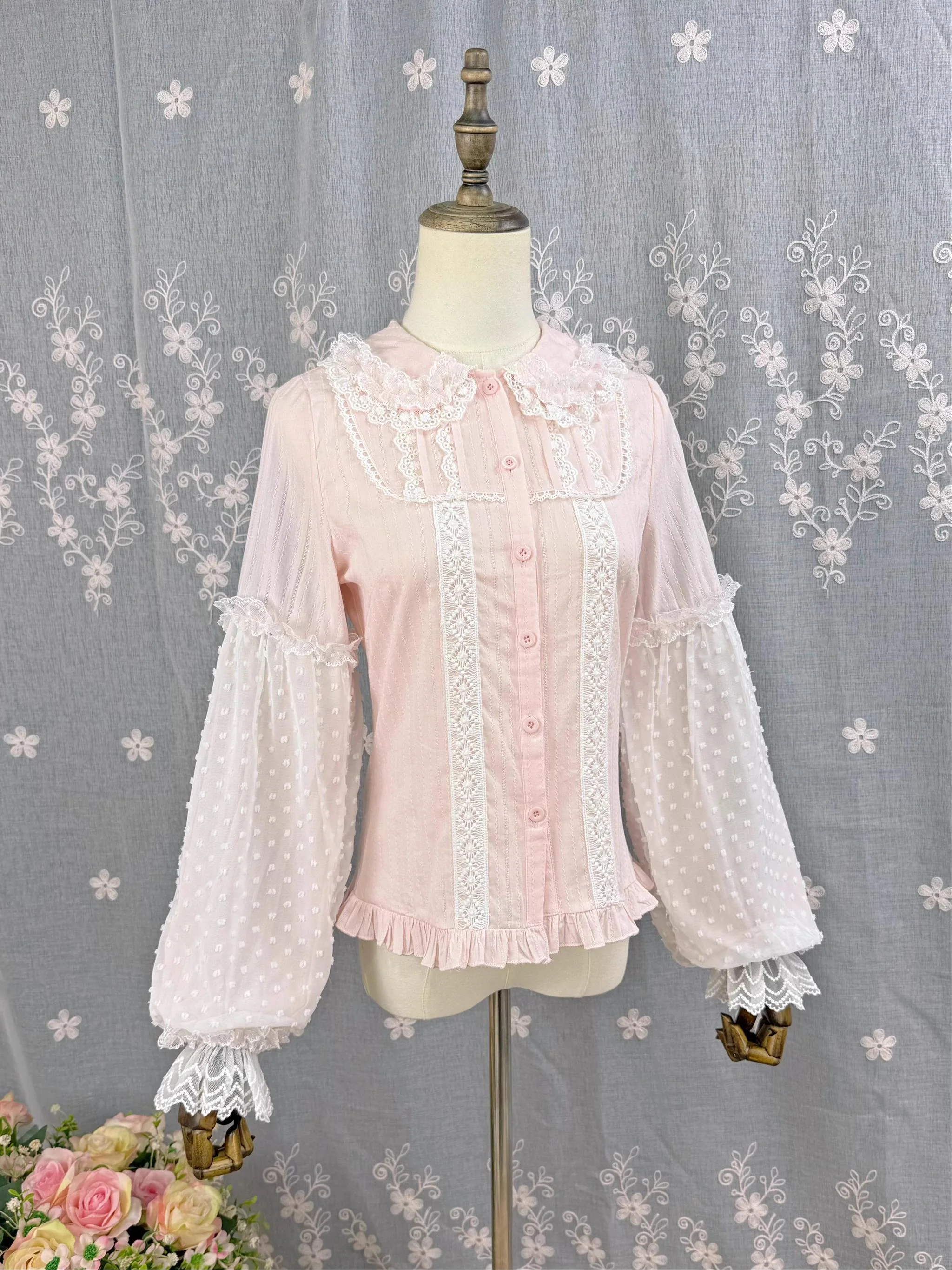 Spiral Candy - Sweet Lolita Long Sleeve Cotton Shirt, Lace Accents - Image 12