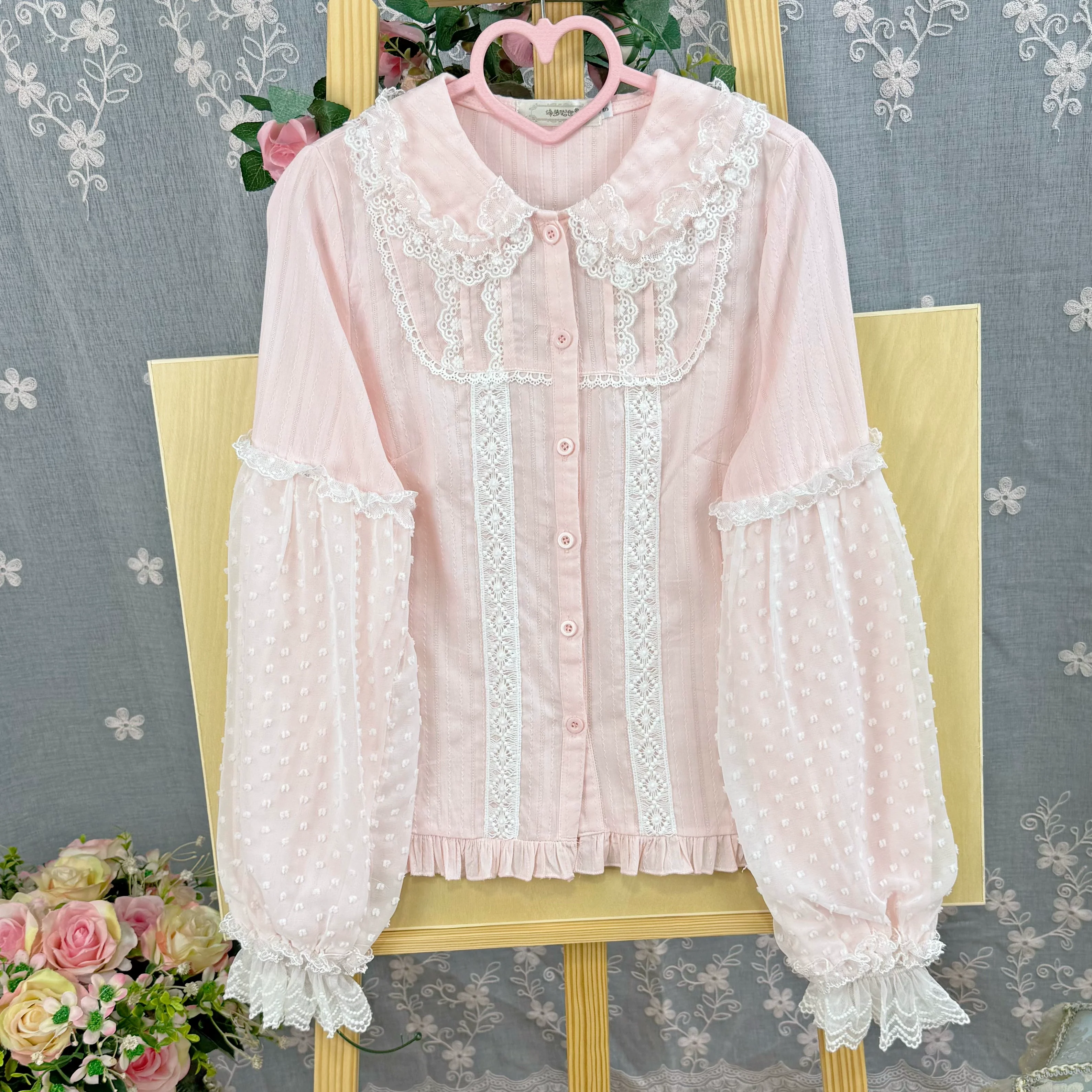 Spiral Candy - Sweet Lolita Long Sleeve Cotton Shirt, Lace Accents - Image 14