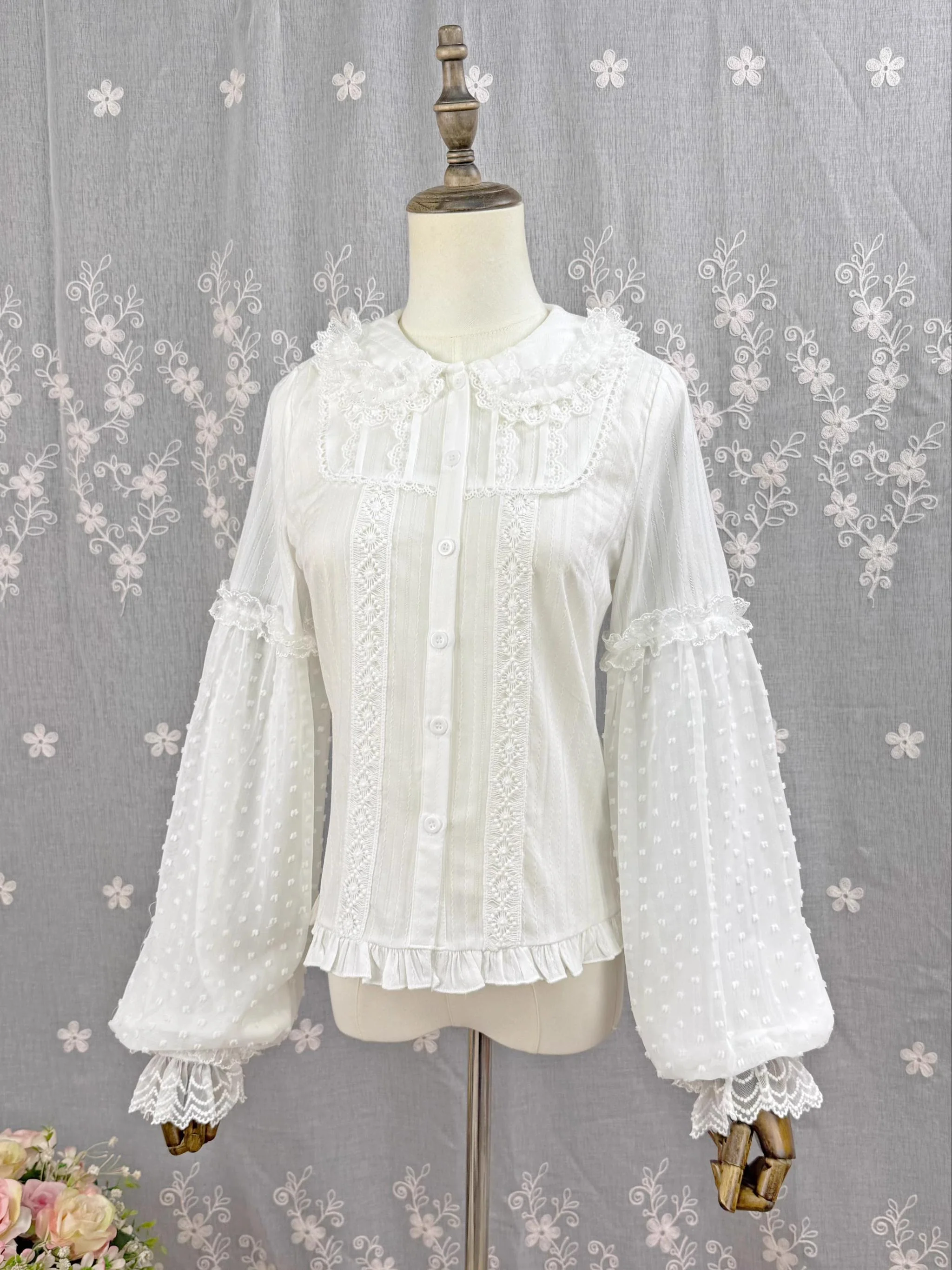 Spiral Candy - Sweet Lolita Long Sleeve Cotton Shirt, Lace Accents - Image 4