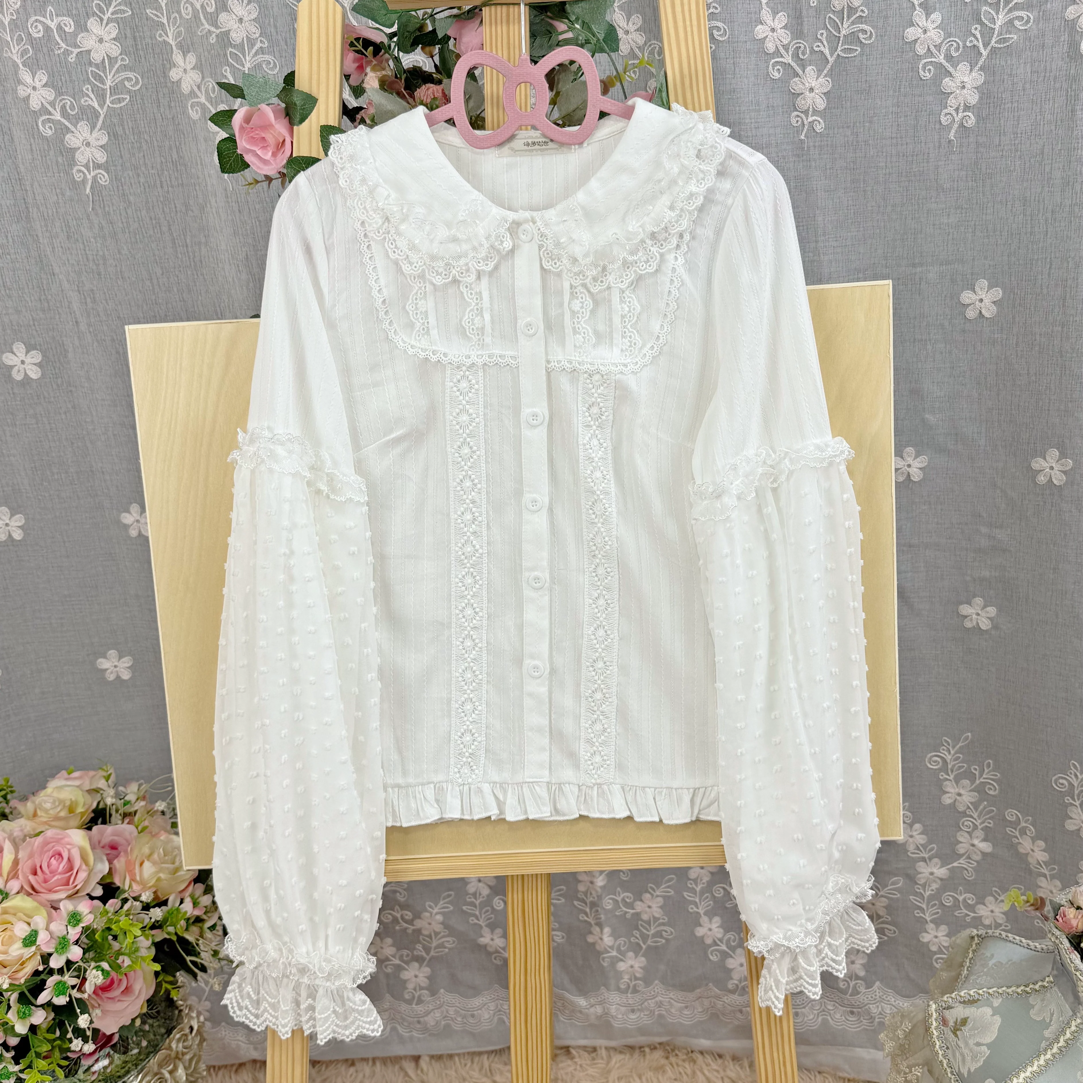 Spiral Candy - Sweet Lolita Long Sleeve Cotton Shirt, Lace Accents - Image 8