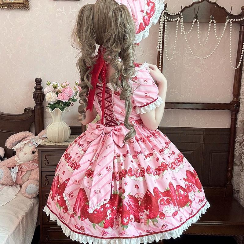 Strawberry Gift Box - Sweet Lolita OP Dress, Strawberry & Polka Dot Print - Image 2