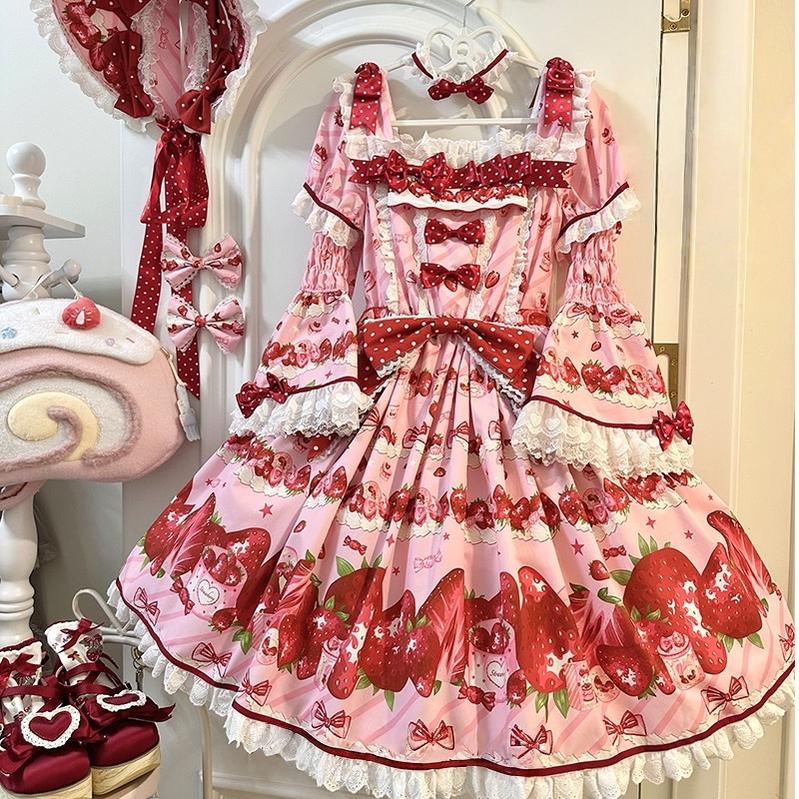 Strawberry Gift Box - Sweet Lolita OP Dress, Strawberry & Polka Dot Print - Image 3