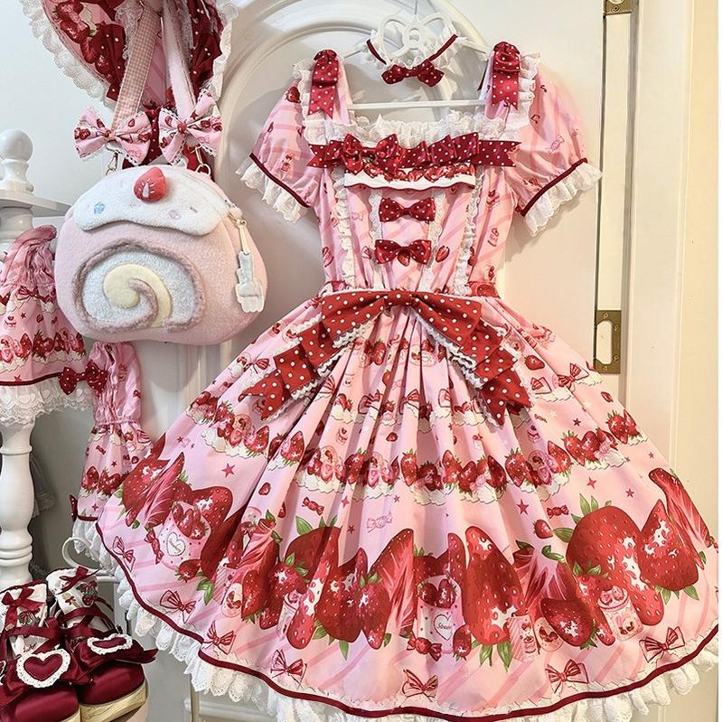 Strawberry Gift Box - Sweet Lolita OP Dress, Strawberry & Polka Dot Print - Image 4