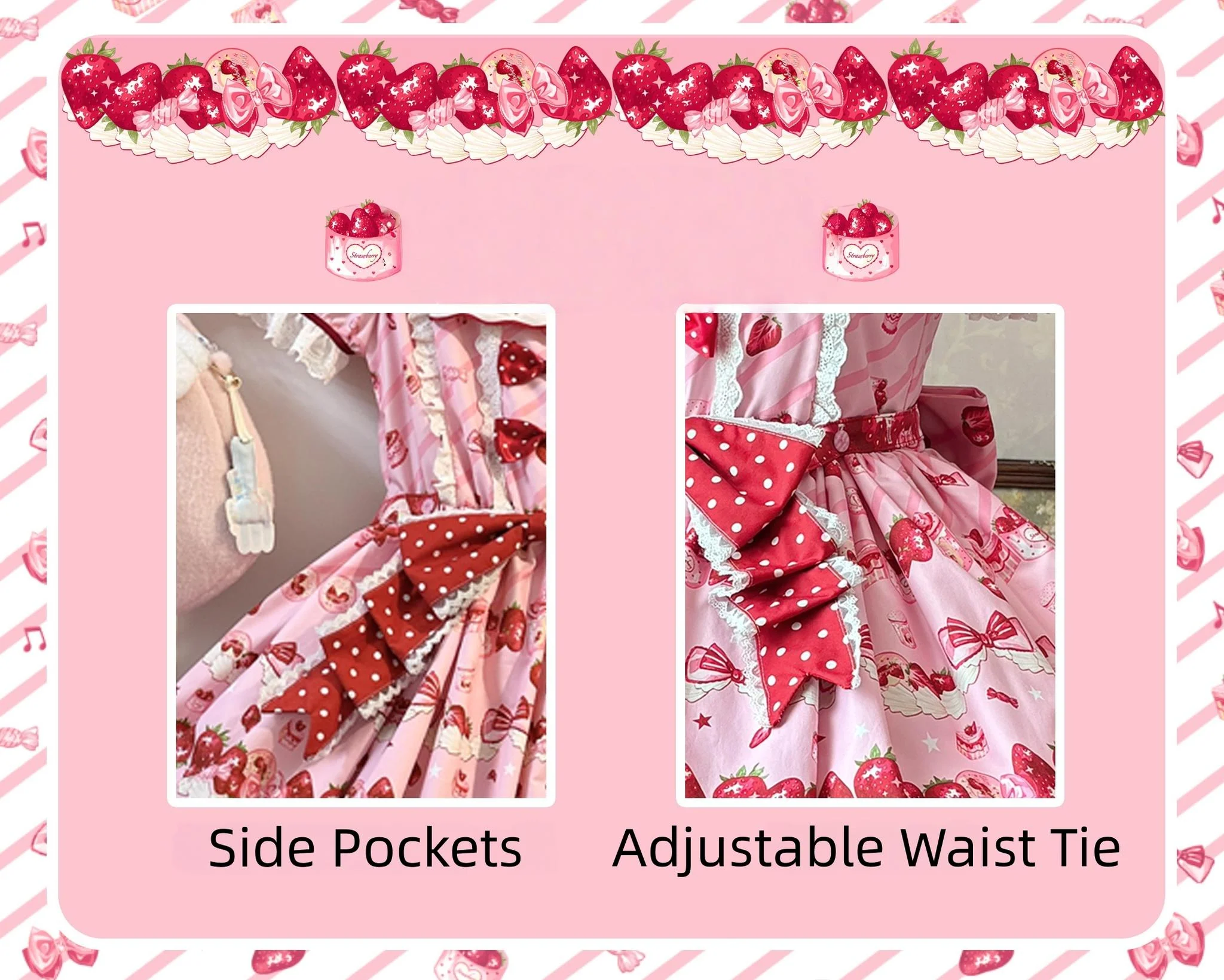 Strawberry Gift Box - Sweet Lolita OP Dress, Strawberry & Polka Dot Print - Image 5