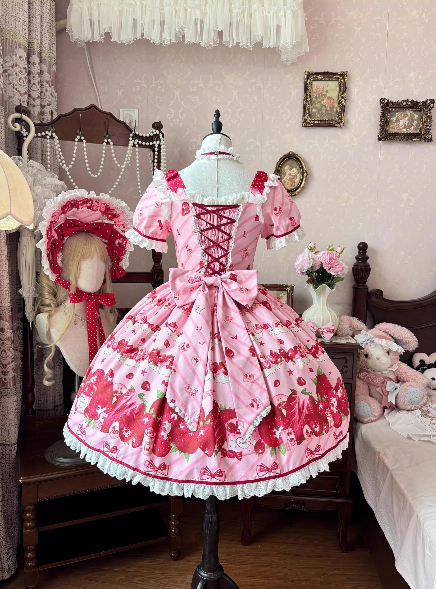 Strawberry Box - Sweet Lolita OP Dress, Strawberry Print - Image 2