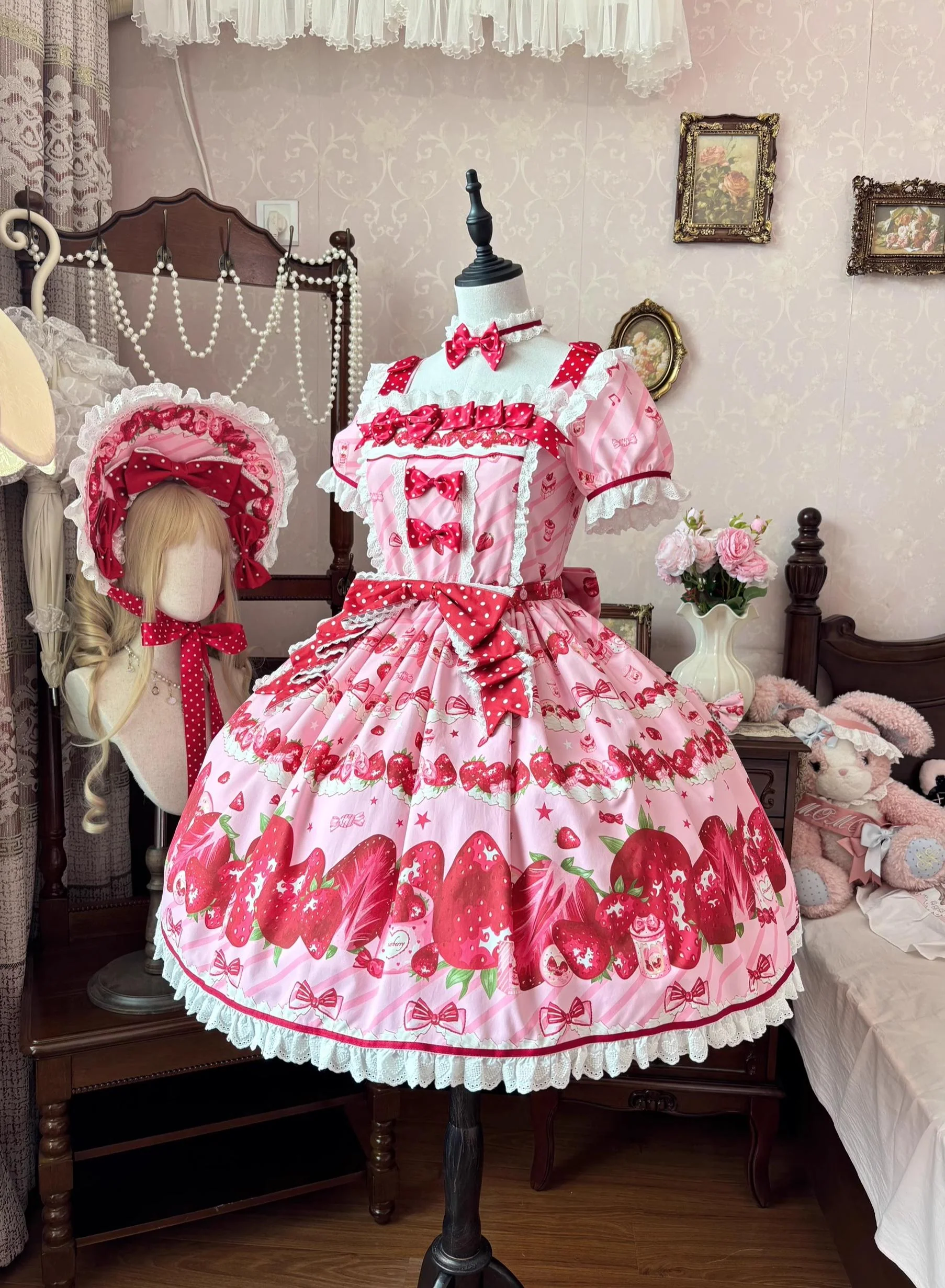 Strawberry Box - Sweet Lolita OP Dress, Strawberry Print - Image 3