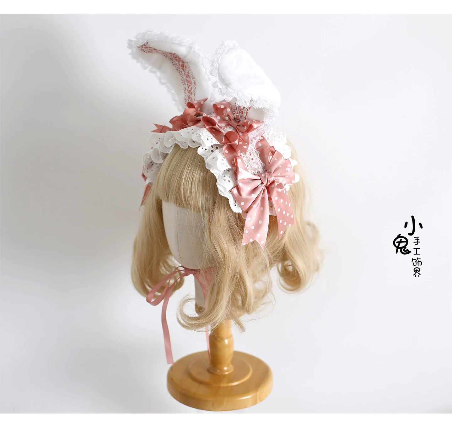 Xiaogui - Sweet Lolita Polka Dot Lace Hairband, Shapeable Bunny Ears - Image 10
