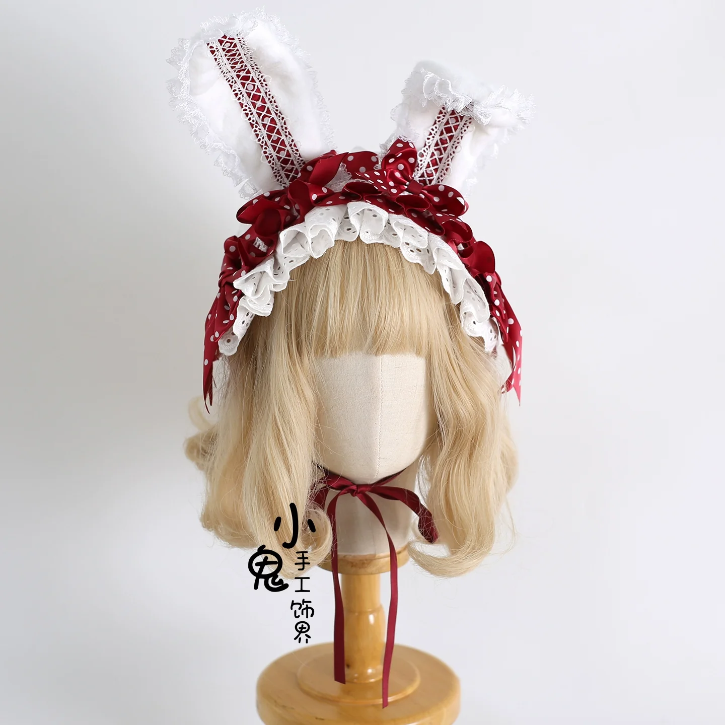 Xiaogui - Sweet Lolita Polka Dot Lace Hairband, Shapeable Bunny Ears - Image 11