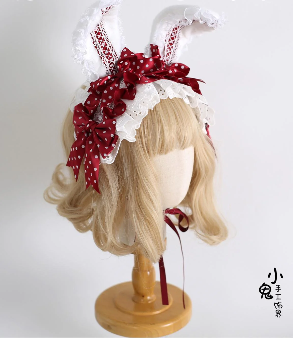 Xiaogui - Sweet Lolita Polka Dot Lace Hairband, Shapeable Bunny Ears - Image 12