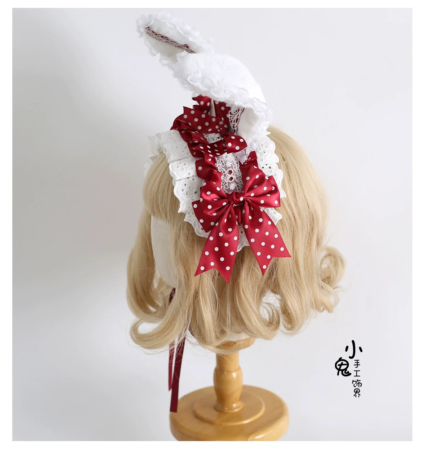 Xiaogui - Sweet Lolita Polka Dot Lace Hairband, Shapeable Bunny Ears - Image 13