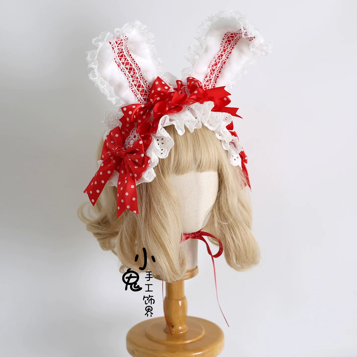 Xiaogui - Sweet Lolita Polka Dot Lace Hairband, Shapeable Bunny Ears - Image 14