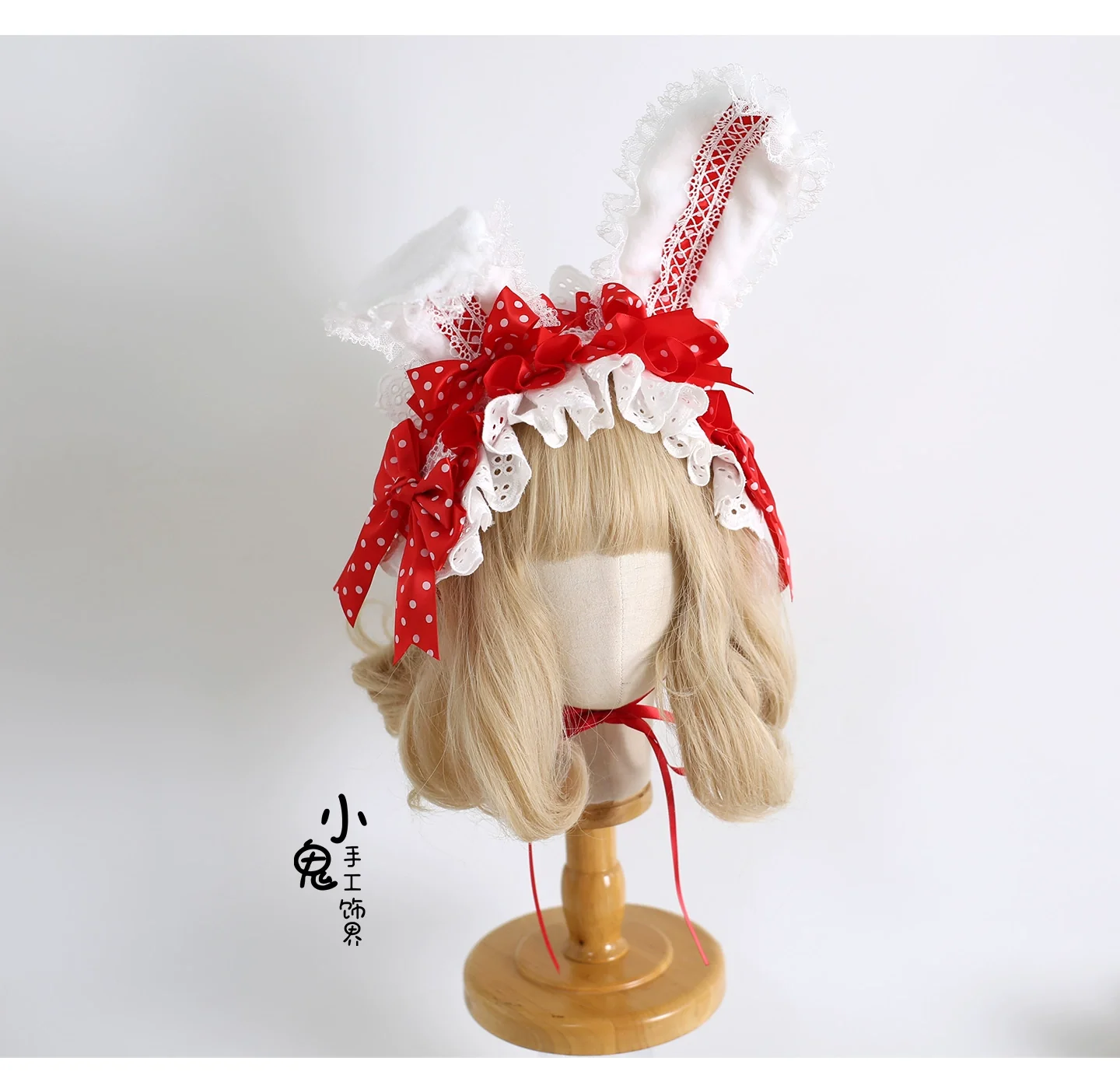 Xiaogui - Sweet Lolita Polka Dot Lace Hairband, Shapeable Bunny Ears - Image 15
