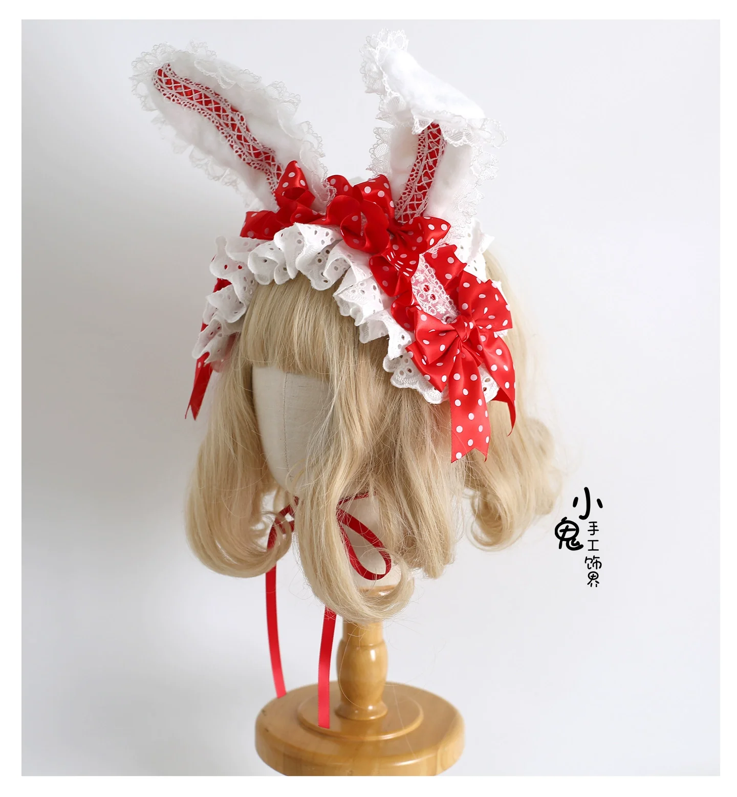 Xiaogui - Sweet Lolita Polka Dot Lace Hairband, Shapeable Bunny Ears - Image 16