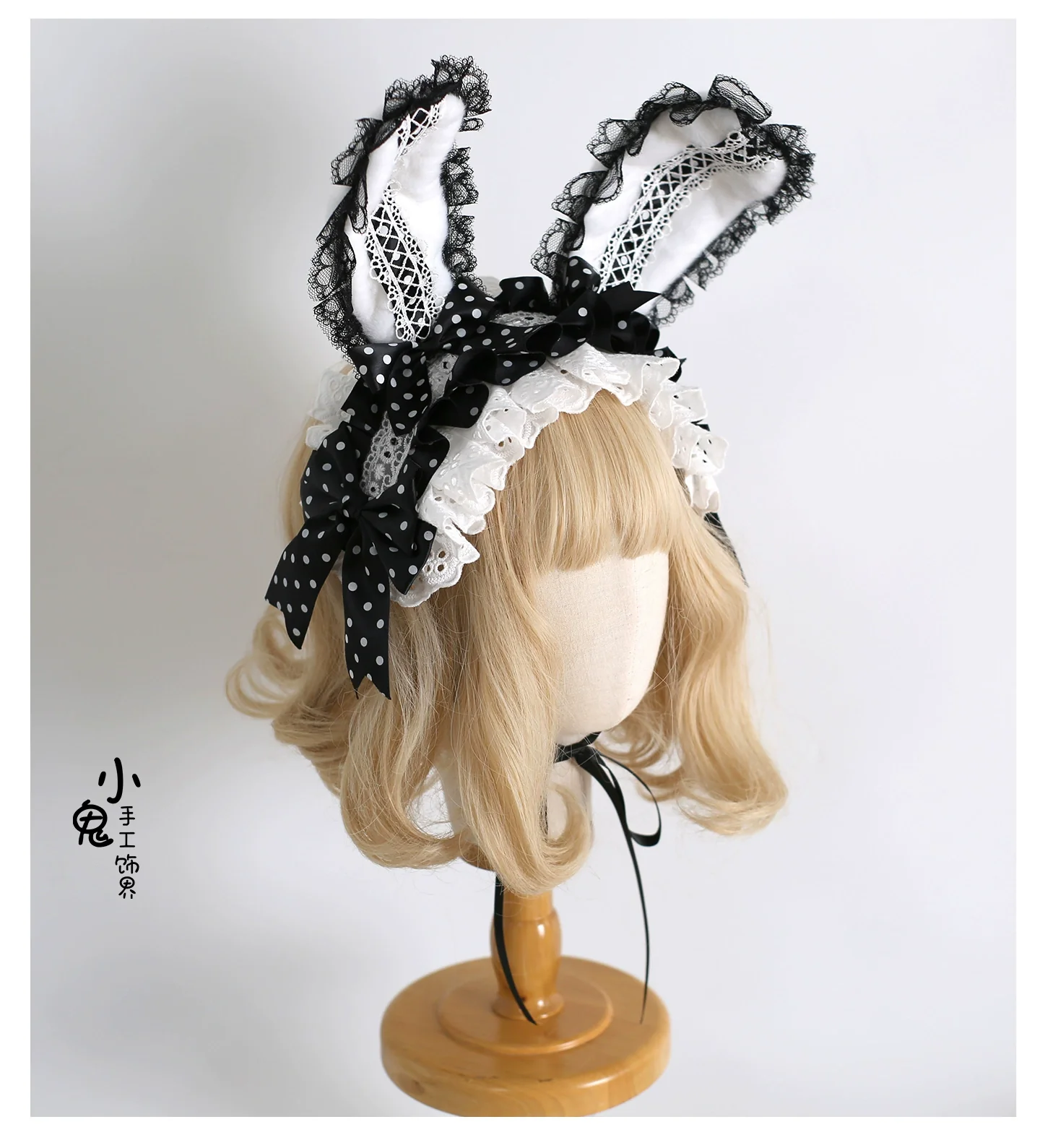 Xiaogui - Sweet Lolita Polka Dot Lace Hairband, Shapeable Bunny Ears - Image 17
