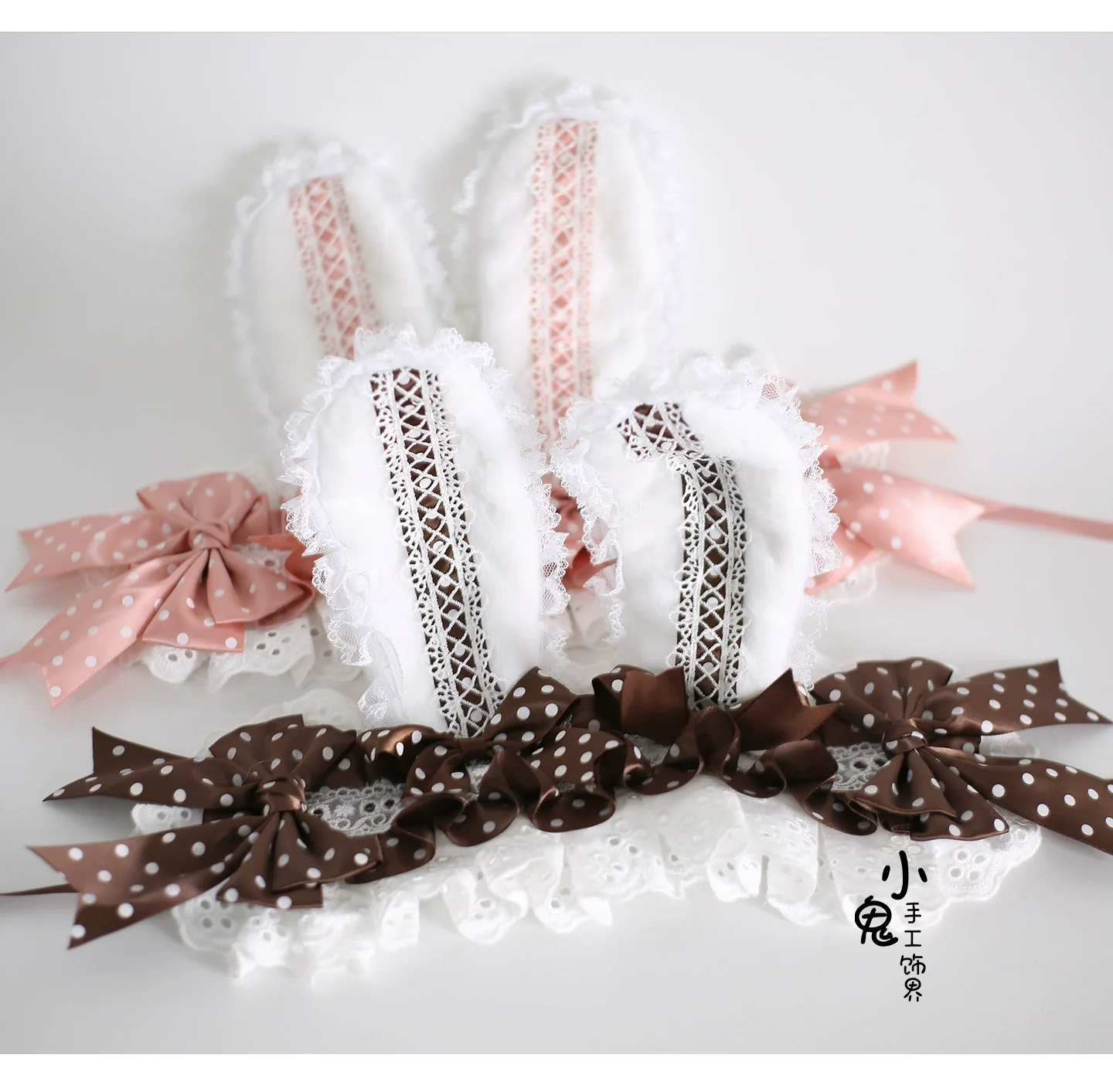 Xiaogui - Sweet Lolita Polka Dot Lace Hairband, Shapeable Bunny Ears - Image 18