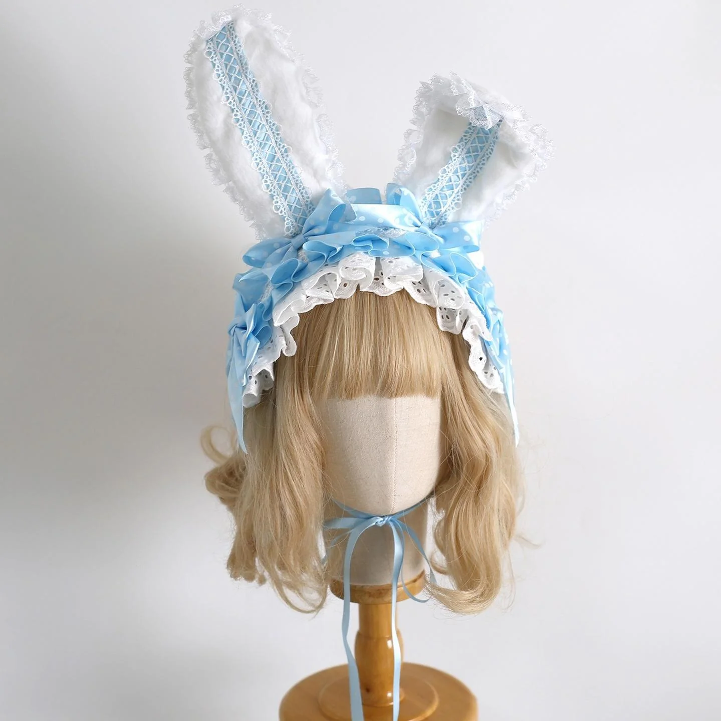 Xiaogui - Sweet Lolita Polka Dot Lace Hairband, Shapeable Bunny Ears - Image 2