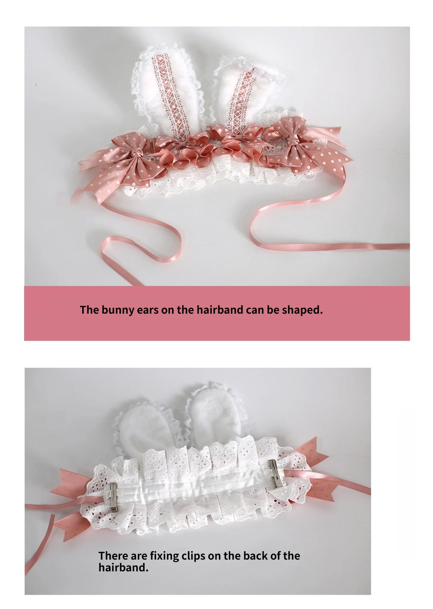 Xiaogui - Sweet Lolita Polka Dot Lace Hairband, Shapeable Bunny Ears - Image 22